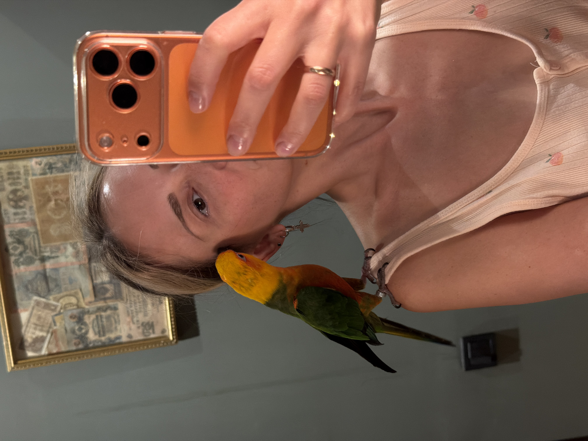A woman is taking a selfie while holding a parrot. She is wearing a light pink top with small peach designs. The parrot has yellow feathers on its head, orange on its chest, and green feathers on its wings. The woman is holding an orange-cased phone. The location is Unknown, Unknown. In the background, there is a framed picture on the wall.