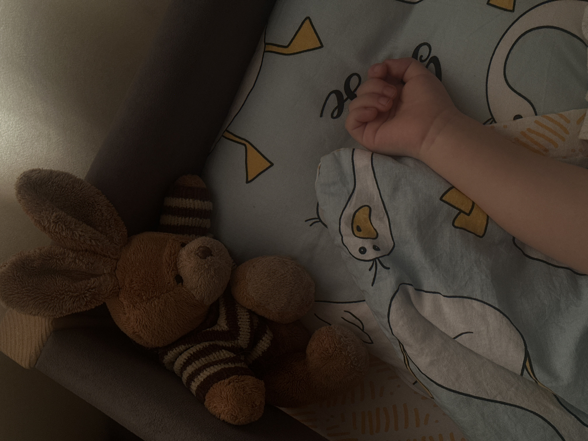 A sleeping child's hand rests on a light blue bedspread patterned with cartoon ducks and lettering, next to a stuffed brown rabbit with a striped torso that leans against a grey chair. The location in Votkinsk, Russia is not discernible from the image.