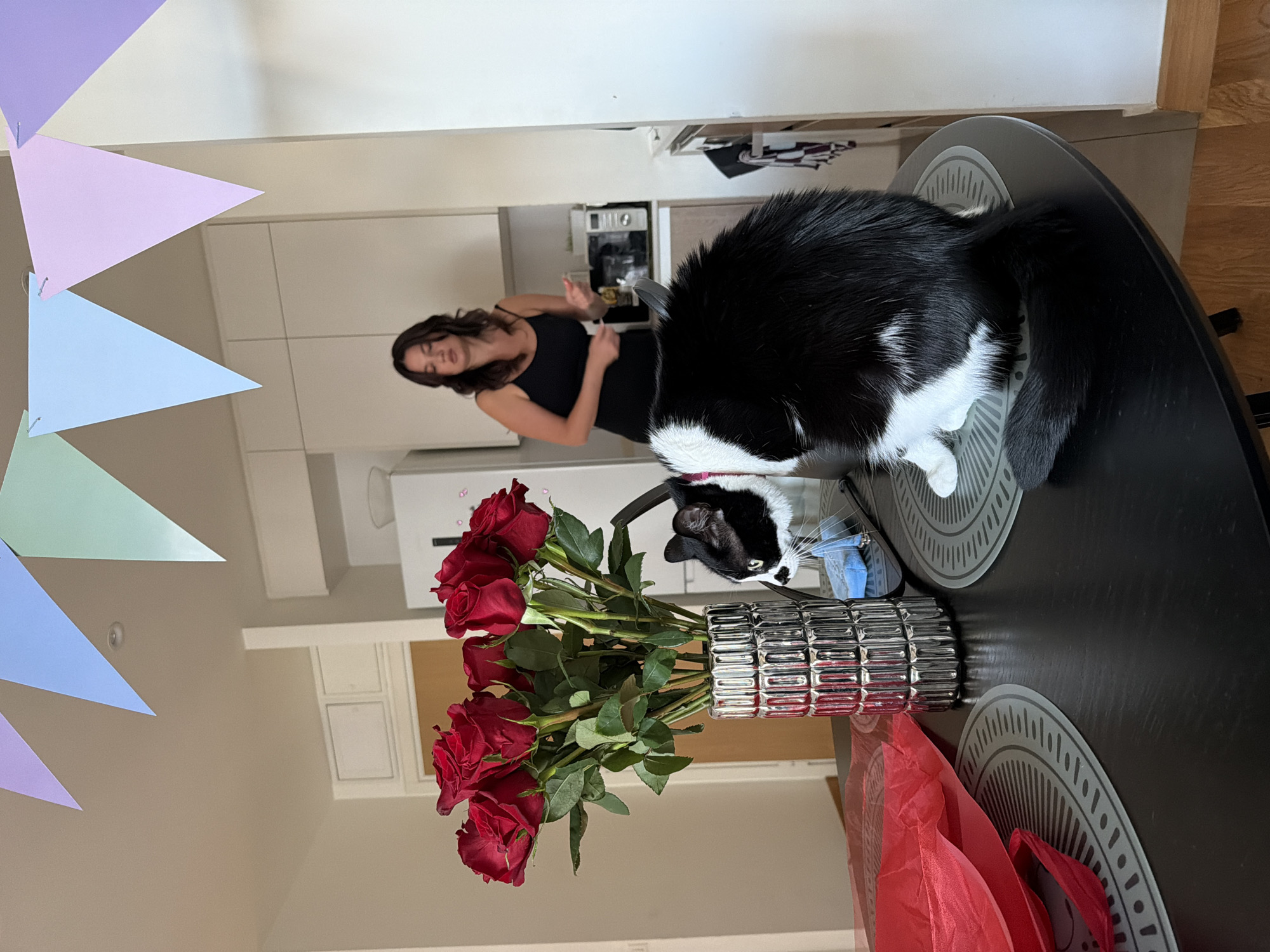 A photograph taken in a domestic interior, potentially in Belgrade, Serbia, shows a black and white cat perched on a round, black table. A vase containing a bouquet of red roses sits on the table next to the cat. In the background, a woman is visible in a kitchen setting, wearing a black dress and facing towards the right, with her hands raised. Pennant-shaped decorations hang from the ceiling in the left foreground. The kitchen includes white cabinets and appliances.