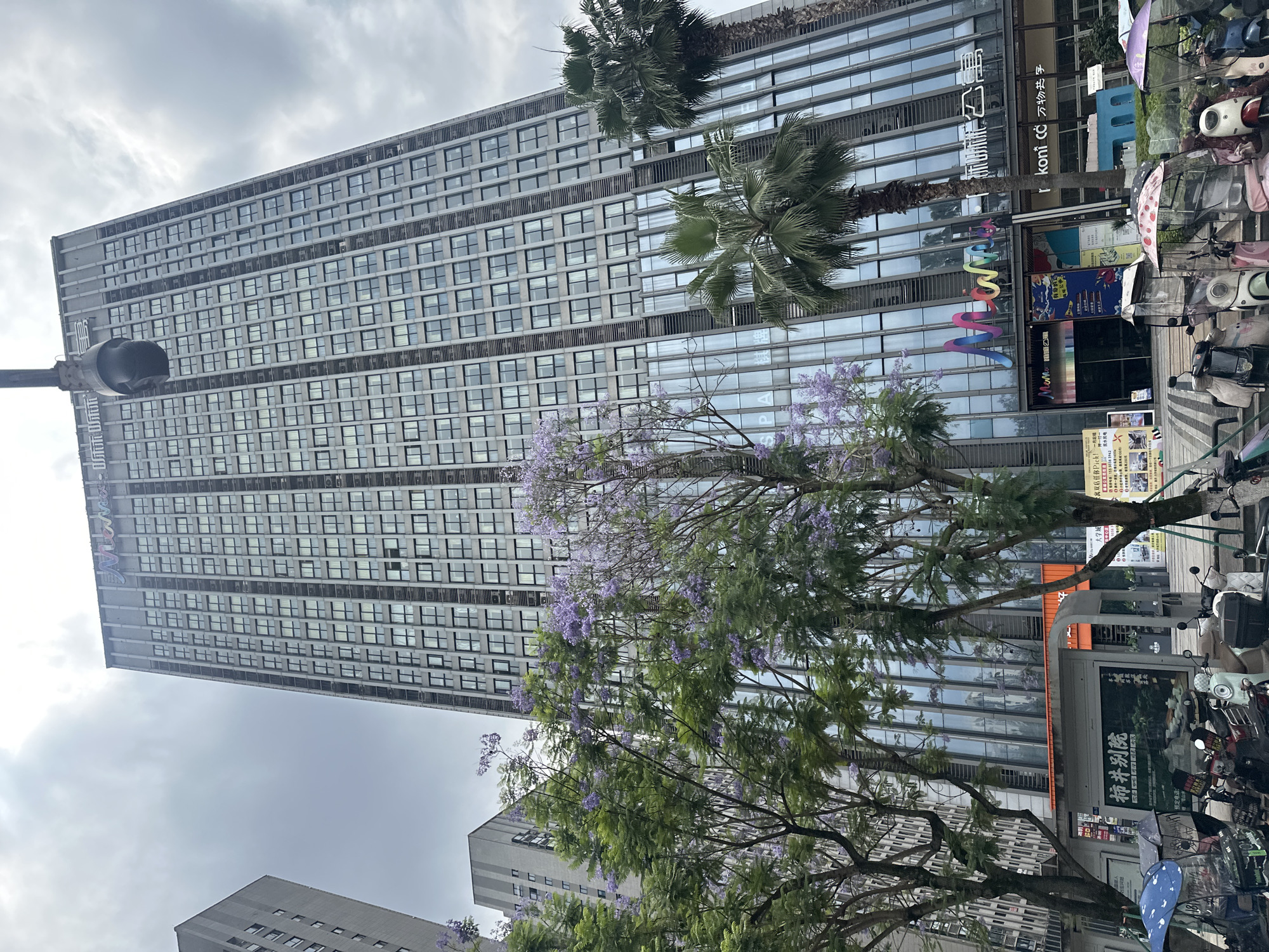 The image depicts a street scene in Chongqing High-tech Zone, China. A tall, modern office building dominates the backdrop, featuring multiple rows of windows and the "Mama apartment" sign in blue and pink letters. Palm trees are visible at the top. A tree with purple blossoms is prominent in the foreground, partially obscuring the view of the building. The right side of the image shows a sidewalk with parked motorcycles and various signage, including one with the name "柿井别院." The sky is overcast.