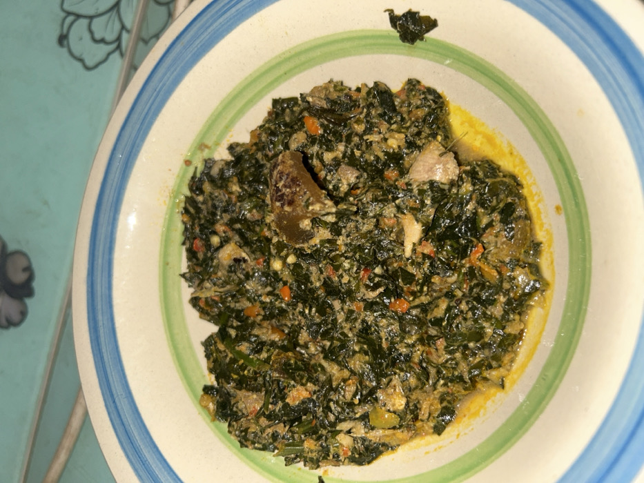 A bowl of Edikaikong soup sits on a plate with blue, green, and white concentric rings. The soup appears to be a dark green, leafy mixture with pieces of meat and perhaps some red pepper flakes visible. There is also a dark piece of what might be offal. Some oil or liquid separates out at the edge of the soup. Parts of a turquoise patterned surface are visible in the background.