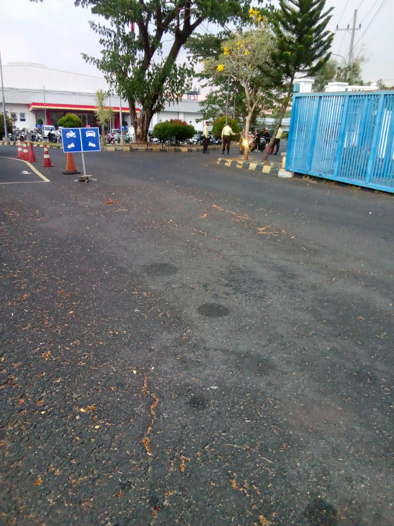 The image depicts an outdoor paved area, likely a parking lot or thoroughfare, in Mangli, Indonesia. The surface is asphalt, showing signs of wear and debris, including scattered leaves and small stones. In the foreground, the asphalt is cracked in several places and appears somewhat uneven.
To the left of the frame, a blue sign with white icons indicating "motorcycle" and "car" with directional arrows is prominently displayed. This sign is supported by a metal stand. In front of the sign are three orange traffic cones. Beyond the cones and the sign, a line of parked motorcycles and several cars are visible. A large, modern building with a white facade and a red and yellow trim is situated in the background.
The right side of the image is dominated by a tall, bright blue metal gate. Between the gate and the building, several people are present. Two individuals in light-colored uniforms, possibly security personnel, are standing near the gate. Others are near motorcycles, some appearing to be in conversation. One person is holding what appears to be a lit cigarette or a small handheld device emitting light.
Trees are scattered throughout the scene, with a large tree with dark bark and dense foliage taking up a significant portion of the upper left quadrant. Another tree with yellow blossoms is visible to the right of this. Overhead, a utility pole and wires are visible against a hazy sky, suggesting overcast or diffused lighting conditions. The overall impression is of an active area, likely within an industrial or commercial facility, with regular vehicle and pedestrian traffic.