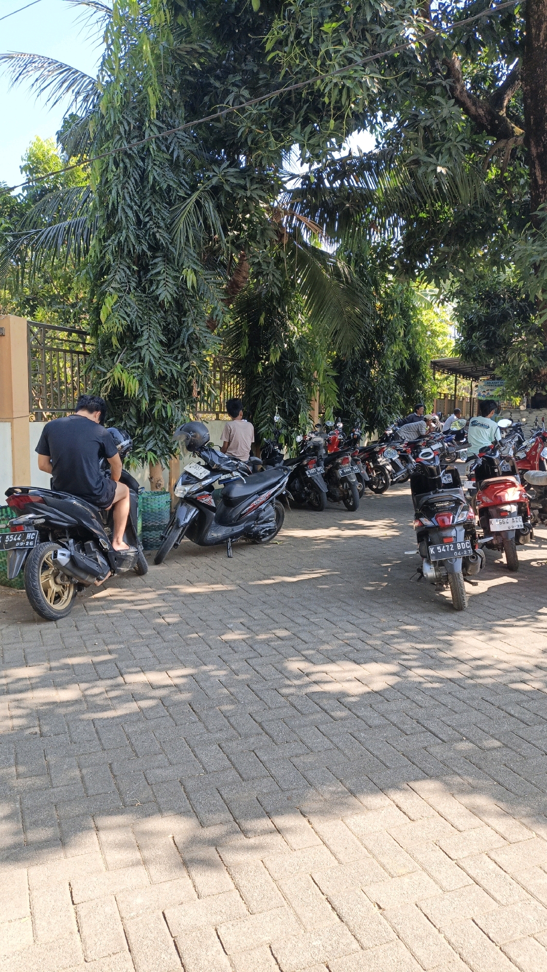 This is a full-body, eye-level shot of a parked motorcycle lot, likely in Cikal, Indonesia, based on the image description. The lot is paved with interlocking bricks and shaded by lush green trees. Several motorcycles are parked neatly in rows, with a few people standing or sitting near them. In the foreground, a person wearing a black t-shirt and shorts is seated on a black motorcycle. To their right, another black motorcycle is parked. Further back, a person in a light brown t-shirt stands, and other motorcycles and people are visible in the background. The scene appears to be outdoors, with a clear sky visible through the tree canopy.