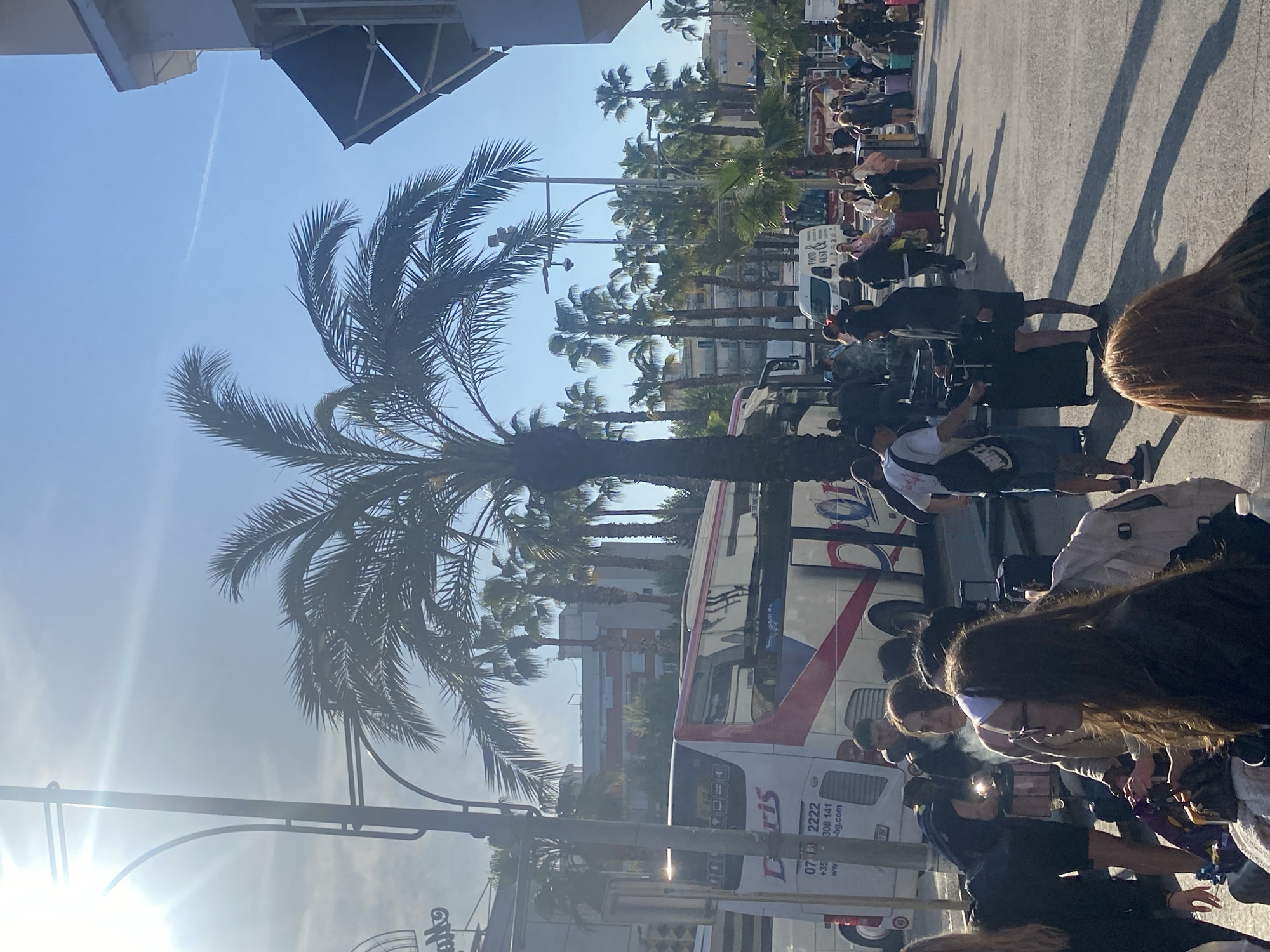 The image captures a vibrant outdoor scene on a bright, sunny day in what appears to be Lloret de Mar, Spain. A large group of people, many carrying luggage, are gathered and seem to be waiting or queuing along a street, possibly for a bus or transfer.
In the foreground, the backs of several individuals are visible, with long shadows cast across the pavement by the low sun, creating a strong lens flare effect in the lower left. A prominent palm tree stands on the left side of the frame, with its fronds reaching into a clear blue sky where a faint contrail is discernible. More palm trees line the street further back.
In the mid-ground, a queue of people extends into the distance. A large white bus with red and grey detailing, possibly a tour coach, is parked alongside the queue. Partial text on the bus includes "ris" (likely part of a company name), a phone number "07 19 2222", the international prefix "+35", and a ".bg.com" domain. A white van with "FOOD & GAS" written on its side is also visible near the bus. Multi-story buildings line the background behind the palm-lined street. The bright sunshine and clear sky suggest pleasant weather, and the overall impression is one of organized activity, likely related to travel or tourism.