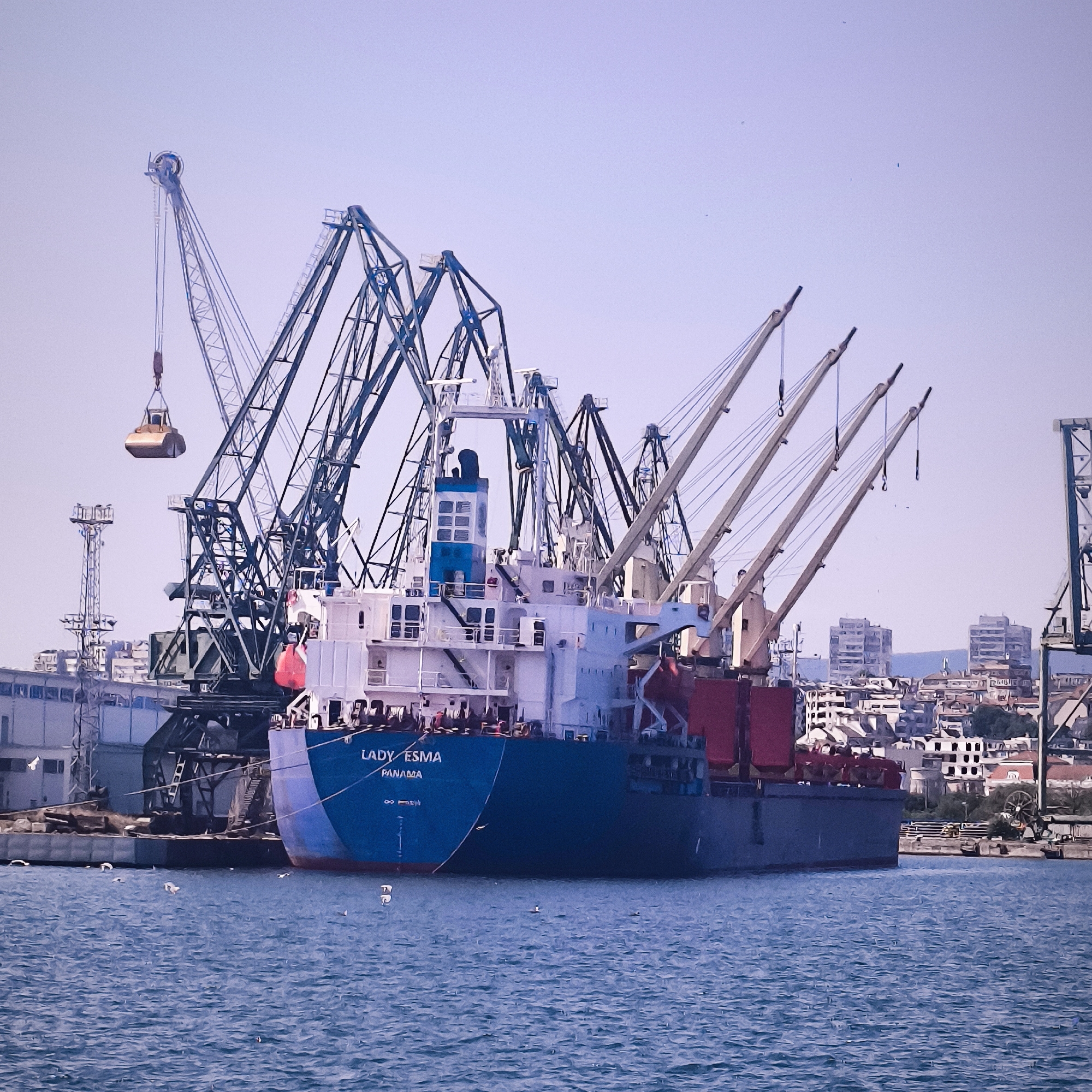 The image depicts a cargo ship named "LADY ESMA" docked in the Port of Varna, Bulgaria, with several large industrial cranes surrounding it. The ship, painted blue with a white superstructure, is laden with red cargo containers stacked on its deck. One crane is actively lifting a yellow bucket-like object, suggesting cargo transfer operations are underway. The port infrastructure includes towering metal cranes and buildings. In the background, the city of Varna is visible with its dense urban landscape, characterized by numerous buildings of varying heights, including some apartment blocks and older structures. The scene is set against a pale blue sky, and the water in the foreground is a deep blue, with several seagulls present. The overall impression is one of industrial activity within a coastal urban environment.