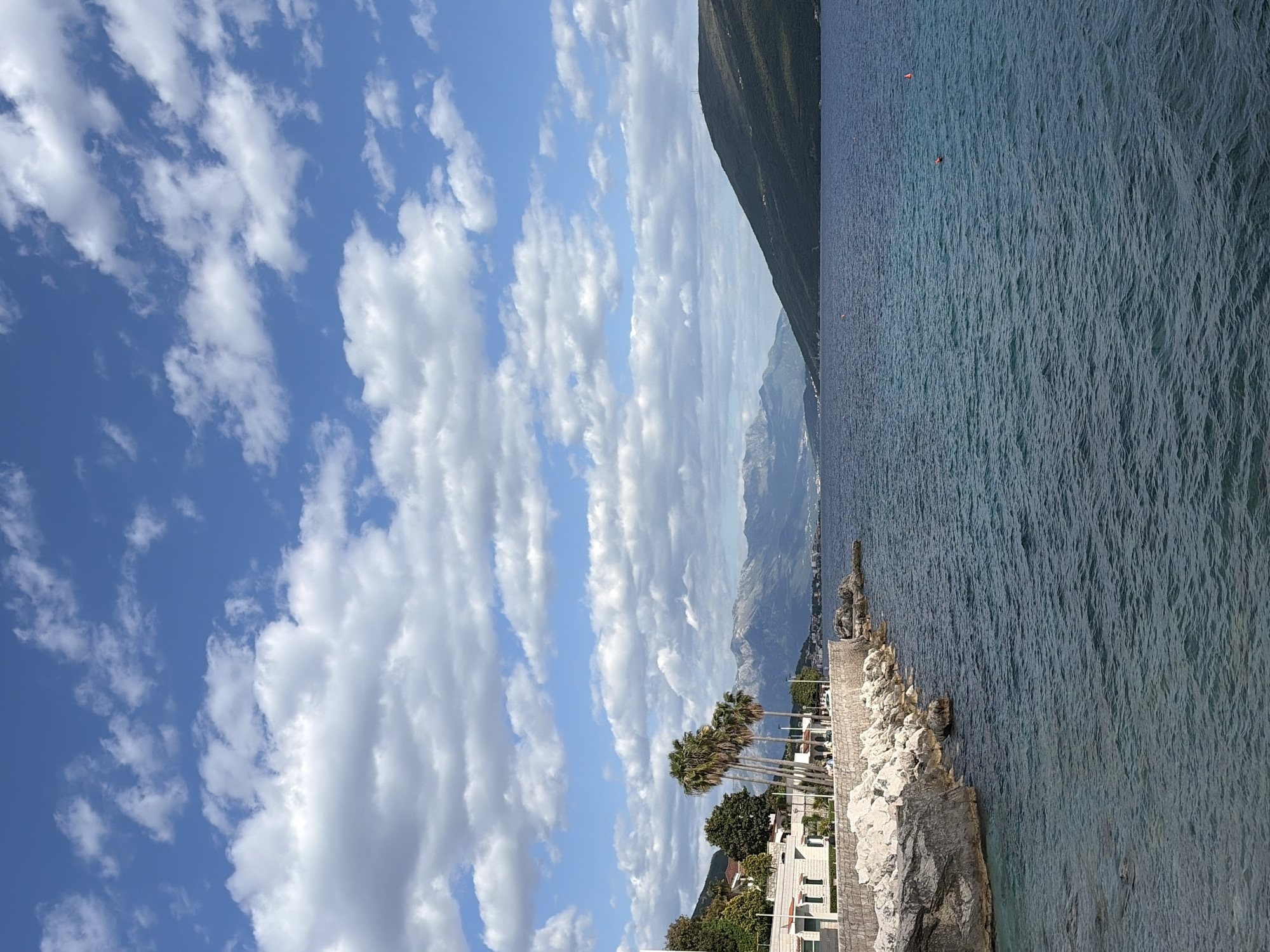The image depicts a coastline scene in Herceg Novi, Montenegro. The right side of the image is dominated by the Adriatic Sea, with a rocky shoreline along the bottom. White rocks line the coast. Palm trees are visible along the shore. The sky occupies the left side of the frame and is partly covered with clouds. In the distance, mountainous terrain is visible across the bay, with a large mountain side coming up on the right. Some houses can be seen near the shoreline. Two red buoys are visible in the water. The image is taken from a high angle, giving a broad view of the coastal landscape.