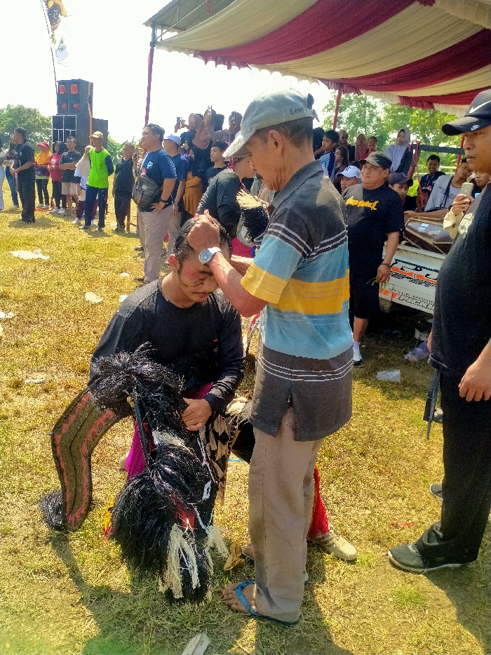 The image depicts an outdoor cultural or ritualistic event in Celep, Indonesia. In the foreground, a young adult male, dressed in a black long-sleeved shirt and dark pants, kneels on dry, yellowish-green grass. His face bears dark smudges, and he clutches a black, horse-shaped "kuda lumping" prop featuring a black mane/tail and red/black patterns on its body. An older male, wearing a grey baseball cap, a striped polo shirt (dark grey, light blue, yellow, dark grey), khaki pants, and blue flip-flops, stands over the kneeling man, gently touching his forehead with both hands. A silver watch is visible on the older man's left wrist. To the right, a third male in a black cap and shirt partially observes the interaction.
In the midground and background, a diverse crowd of approximately 20-30 individuals observes the scene. Some crowd members hold smartphones, seemingly recording. A large red and white striped canopy provides shade above the crowd. On the far left, two large black speakers on stands are visible, along with a light-colored flag on a pole. A white vehicle or trailer with a percussion instrument, possibly a kendang drum, is partially visible behind the crowd on the right. The scene is illuminated by bright daylight under a clear sky.