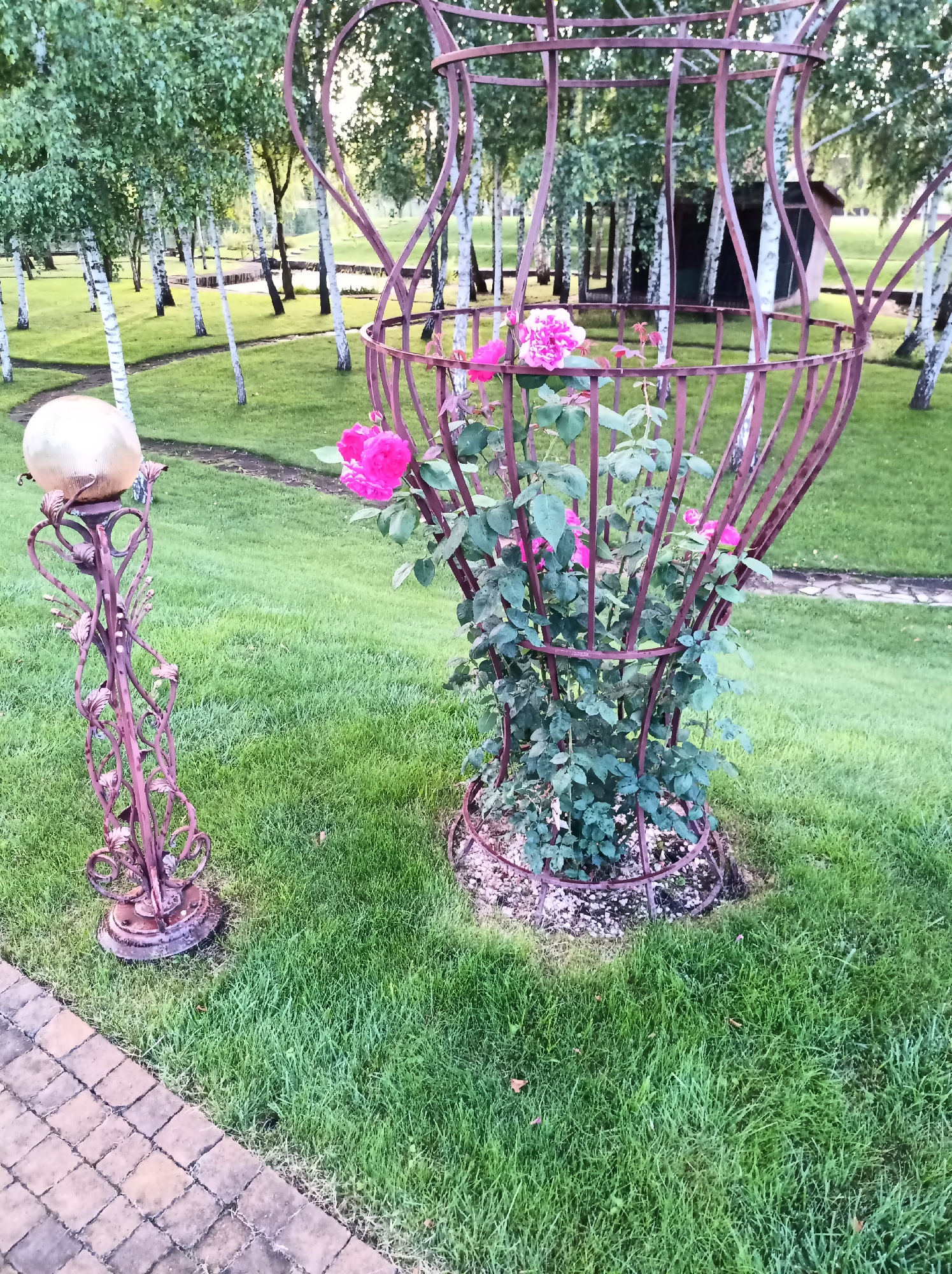The image depicts a decorative garden scene in Kozyn, Ukraine. In the foreground, a paved walkway with square stone pavers is visible on the left, leading into a lush green lawn. To the right of the walkway, a tall, ornate metal sculpture with intricate scrollwork stands topped by a globe-shaped light fixture. Adjacent to this sculpture, a larger, wrought-iron cage-like structure houses a vibrant pink rose bush in bloom. The background features a grove of birch trees with white trunks and green foliage. Beyond the trees, a small wooden building is partially visible. A winding pathway can be seen curving through the grassy area. The overall setting appears to be a well-maintained park or garden.