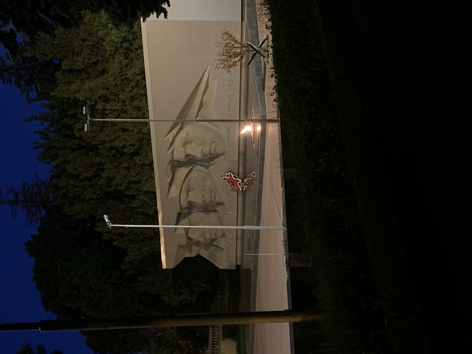 The image depicts an outdoor memorial scene at night, located in the city of Unknown, Unknown. The central subject is a large, light-colored monument featuring bas-relief carvings of four male faces in profile, facing right, likely representing soldiers or heroes. Below the faces, dark text in a Cyrillic-like script is inscribed along the base of the monument, though much of it is indistinct due to low light and resolution.
In front of the monument, an eternal flame burns brightly in a rectangular basin, casting an orange glow. To the left of the flame, a red, five-pointed star-shaped wreath with a golden border rests on the ground. To the right of the flame, a small, stylized arrangement of dried brown branches is supported by an "X"-shaped metal stand.
The ground in the immediate foreground is dark. Two vertical poles stand prominently: a dark, thick pole on the far left and a thinner, silver-colored pole centrally positioned in front of the monument, equipped with a dual light fixture at its top.
The background consists of dense, dark green trees and foliage, with some taller, slender trees visible against the dark blue night sky. A decorative balustrade is partially visible on the far left behind the dark pole. The overall lighting is dim, primarily illuminated by the eternal flame and the streetlights. No individuals are present in the scene.