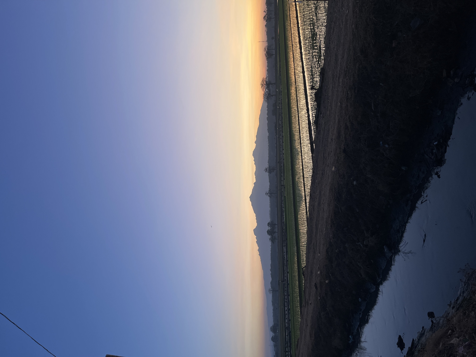 A serene landscape unfolds at dusk in Karangrandu, Indonesia, dominated by a vast expanse of rice paddies. The sky transitions from a deep blue at the zenith to a soft orange and yellow gradient near the horizon, signaling the end of the day. In the distance, a mountain range silhouetted against the twilight sky forms a dramatic backdrop.
The foreground features a dark, earthy bank bordering a narrow, dark waterway. The rice paddies, a vibrant green, are partially submerged in water, reflecting the soft colors of the sky. Numerous rows of young rice plants stretch across the fields, creating a textured, undulating pattern. A few scattered trees dot the landscape between the paddies and the mountains, their bare branches stark against the fading light. A single, distant bird is visible in the sky. The scene is devoid of human presence, conveying a sense of tranquility and natural beauty.