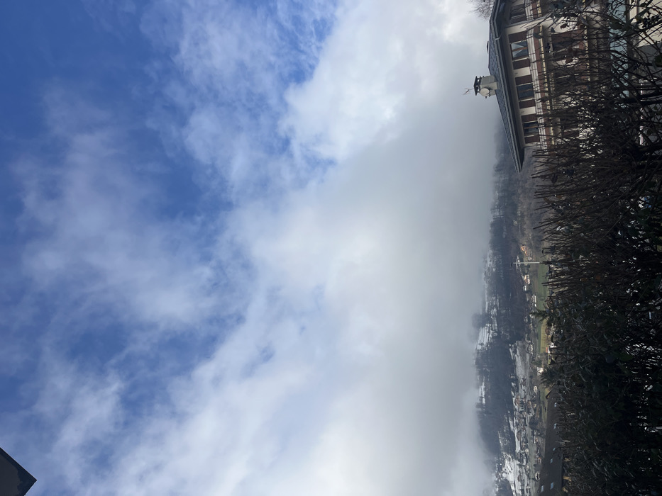 The image depicts a panoramic view of the Sallanches area in France under a partially cloudy sky. The upper third of the frame shows a blue sky with scattered white, wispy stratocumulus clouds. Below this, a dense, continuous band of white-grey cloud cover extends across the mid-ground, obscuring the upper slopes of the mountains.
In the background, below the dense cloud bank, snow-dusted mountains or hills are visible. Numerous residential structures with various roof types are scattered across the lower, snow-covered slopes, forming part of the urban or semi-urban landscape of Sallanches.
The foreground features a prominent row of dark, leafless deciduous bushes or small trees, partially obstructing the view. To the right, a multi-story house with a dark grey gabled roof is visible. The house has a light-colored façade with multiple rectangular windows, many equipped with dark brown wooden shutters, some of which are open. A prominent chimney on the roof of this house is fitted with a white satellite dish and a television antenna. No individuals or explicit actions are discernible within the scene. The overall environment suggests a winter or late autumn daytime setting.