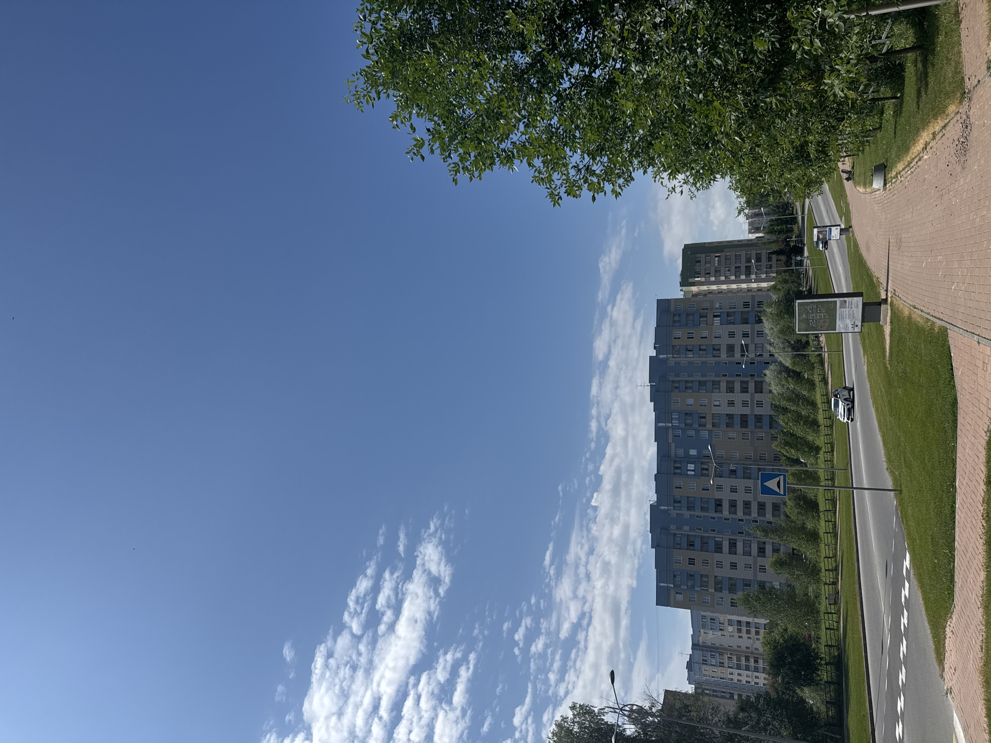 A bright, sunny day illuminates a residential district in Koltsovo, Russia. The sky is a vast expanse of clear blue, dotted with sparse white clouds. Tall, multi-story apartment buildings, painted in shades of blue and beige, dominate the background, their windows reflecting the sunlight. In the foreground, a paved walkway lines a green lawn, bordered by a line of lush green trees. A road runs alongside the lawn, with a white car visible in the distance. A pedestrian crossing is marked on the road. A signpost with a triangular symbol indicating a hazard stands near the roadside. The overall scene depicts a typical urban environment on a pleasant day.