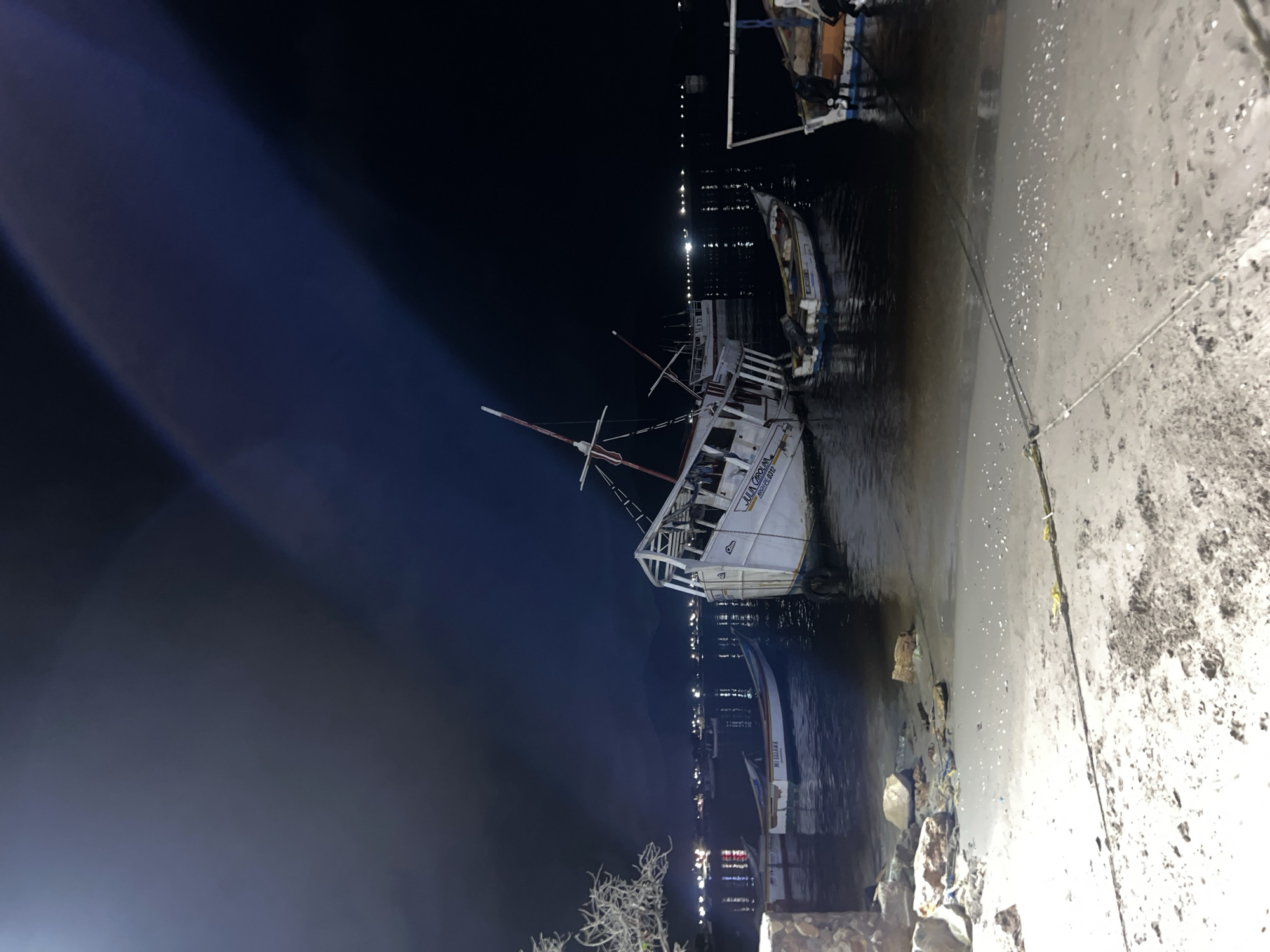This is a nighttime, medium-angle, eye-level, full-shot photograph of a damaged, white boat listing precariously in shallow water near a sandy shoreline. The boat, which appears to be a fishing vessel, is positioned in the lower right quadrant of the frame, its hull tilted significantly to its port side. The boat's name, "JULIA CAROLINA," is visible in black lettering on its starboard side, along with registration numbers. White wooden struts and a partial mast are visible above the deck. The water surrounding the boat is dark and slightly murky, with reflections of distant lights visible on the surface.
Several other smaller boats are moored or anchored in the water, most of them white with blue accents, and they appear to be relatively intact. Some of these boats are also partially visible in the mid-ground and background of the image.
The shoreline in the foreground is a mix of wet sand, small rocks, and debris. Yellow ropes are tied to mooring points on the shore and extend into the water. A cluster of large, rough stones is visible on the left side of the foreground, with some vegetation growing near them. The background shows a dark sky with a faint glow on the horizon, suggesting a distant town or city with lights. The overall scene suggests a harbor or bay area.
The photograph appears to have been taken in Juan Griego, Venezuela, a coastal town known for its historical significance and maritime activities. The lighting suggests that the photograph was taken after sunset or before sunrise. There are no people visible in the image. The primary focus is on the damaged boat and the surrounding maritime environment.
