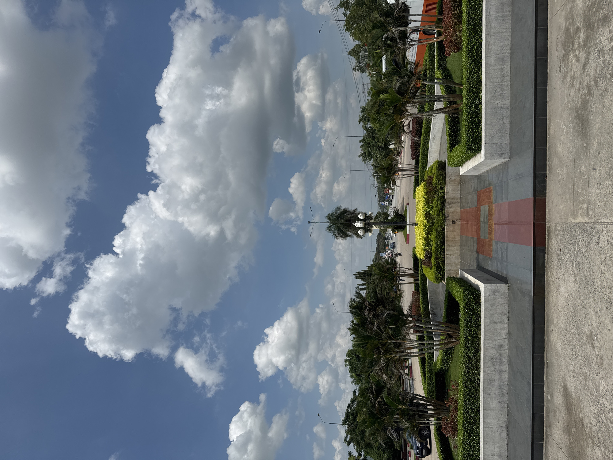 The image depicts a wide shot of a city roundabout in Ben Cau, Vietnam, under a partly cloudy blue sky. In the foreground, a paved area with red and grey tiles leads to a raised, tiered garden bed. This garden bed is filled with manicured green hedges, palm trees, and a central patch of yellow flowering plants. Beyond the roundabout, a street is visible with several cars and a bus. The street is lined with palm trees and more manicured greenery, and lampposts are spaced along the roadside. The overall scene conveys a sense of urban landscaping and infrastructure.