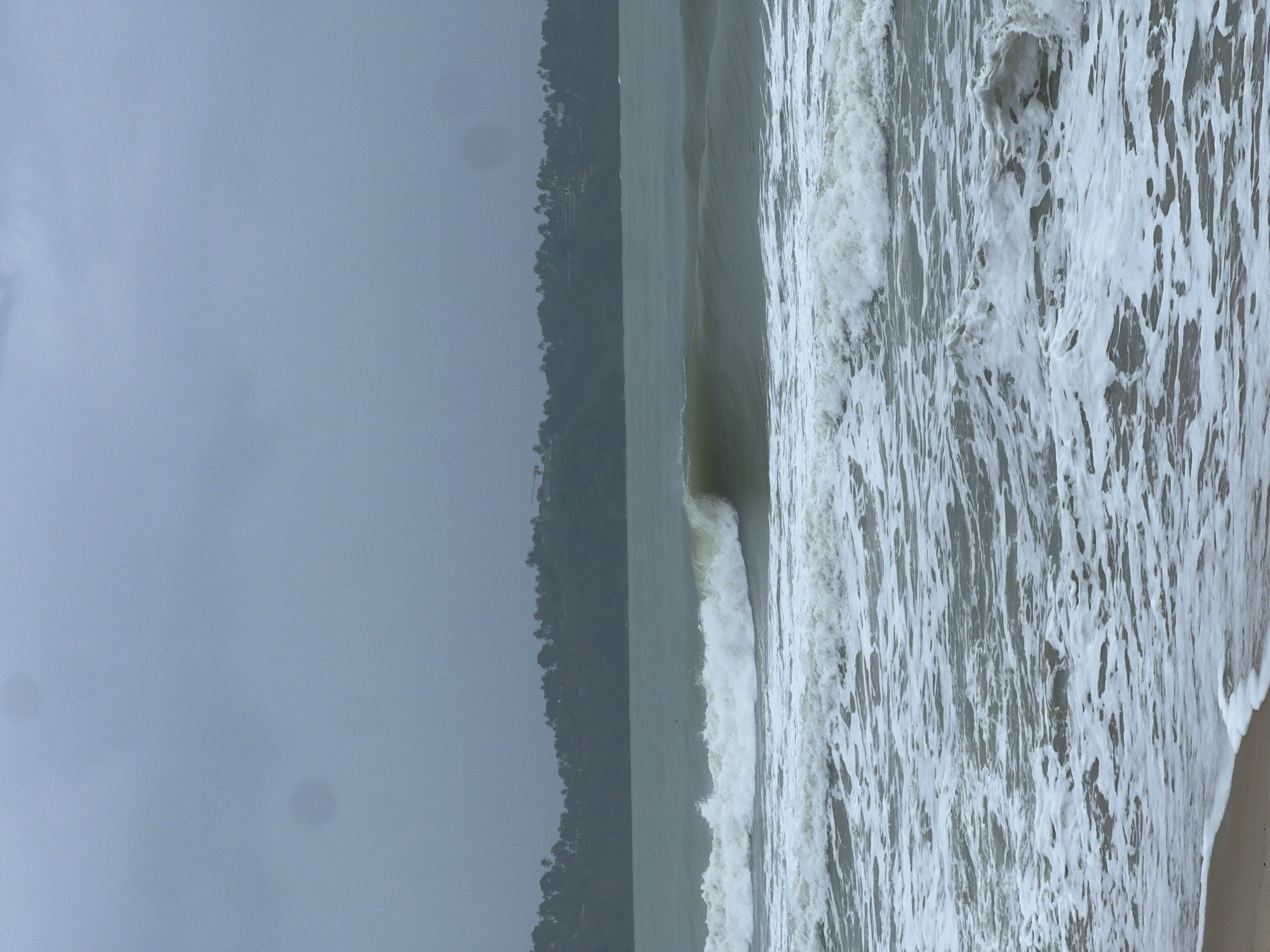 A high-angle view, taken with the camera turned sideways, showcases a beach with ocean waves on the right side of the image and an overcast sky on the left. A strip of green land is seen between the sky and the ocean. The waves are a frothy white, indicating movement and turbulence. The sky is a uniform gray, suggesting a cloudy or overcast day. The beach itself has a minimal presence, appearing as a thin line near the bottom right corner. The general atmosphere of the scene is muted and subdued due to the overcast lighting. The location is unknown, Unknown.