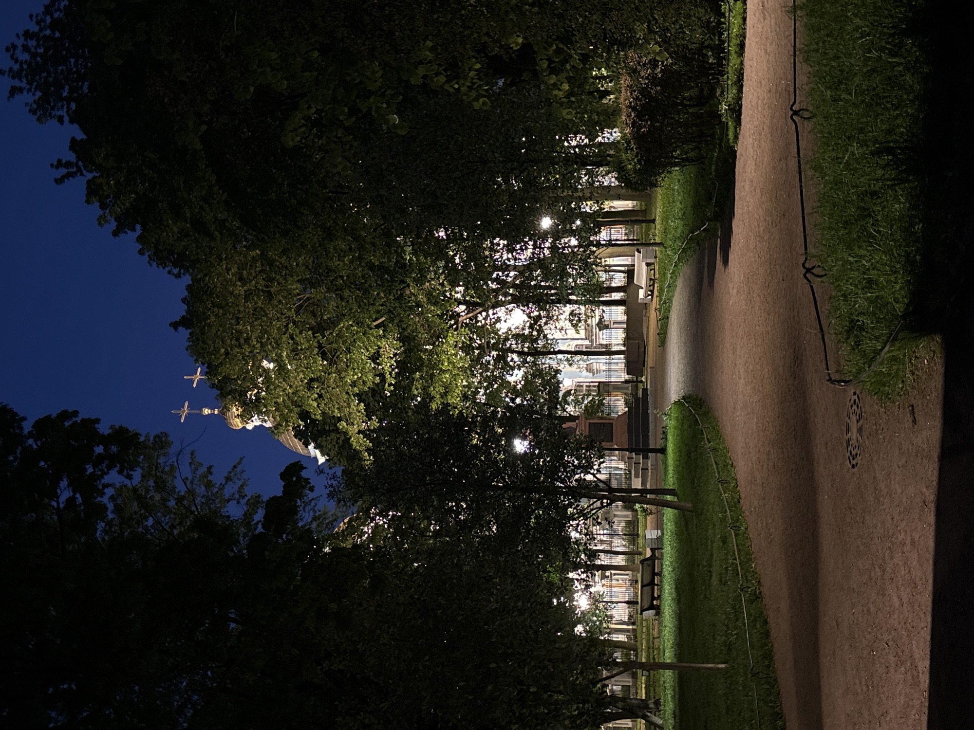 Captured at night, the image presents a view of Saint Petersburg, Russia, oriented vertically with the top tilted to the right. In the upper-left corner, a deep blue twilight sky is visible. Interspersed between the dark foliage of trees, the illuminated dome of a Russian Orthodox church, topped with a cross, is faintly discernible. The scene transitions from dark trees on the left to a lighted walkway on the right. The walkway, marked by a line of sparse grass, is flanked by trees and illuminated benches on the left and lush grass on the right. The scene is serene and devoid of people. The architectural elements and environment indicate a blend of urban park space and religious landmarks typical of Saint Petersburg.