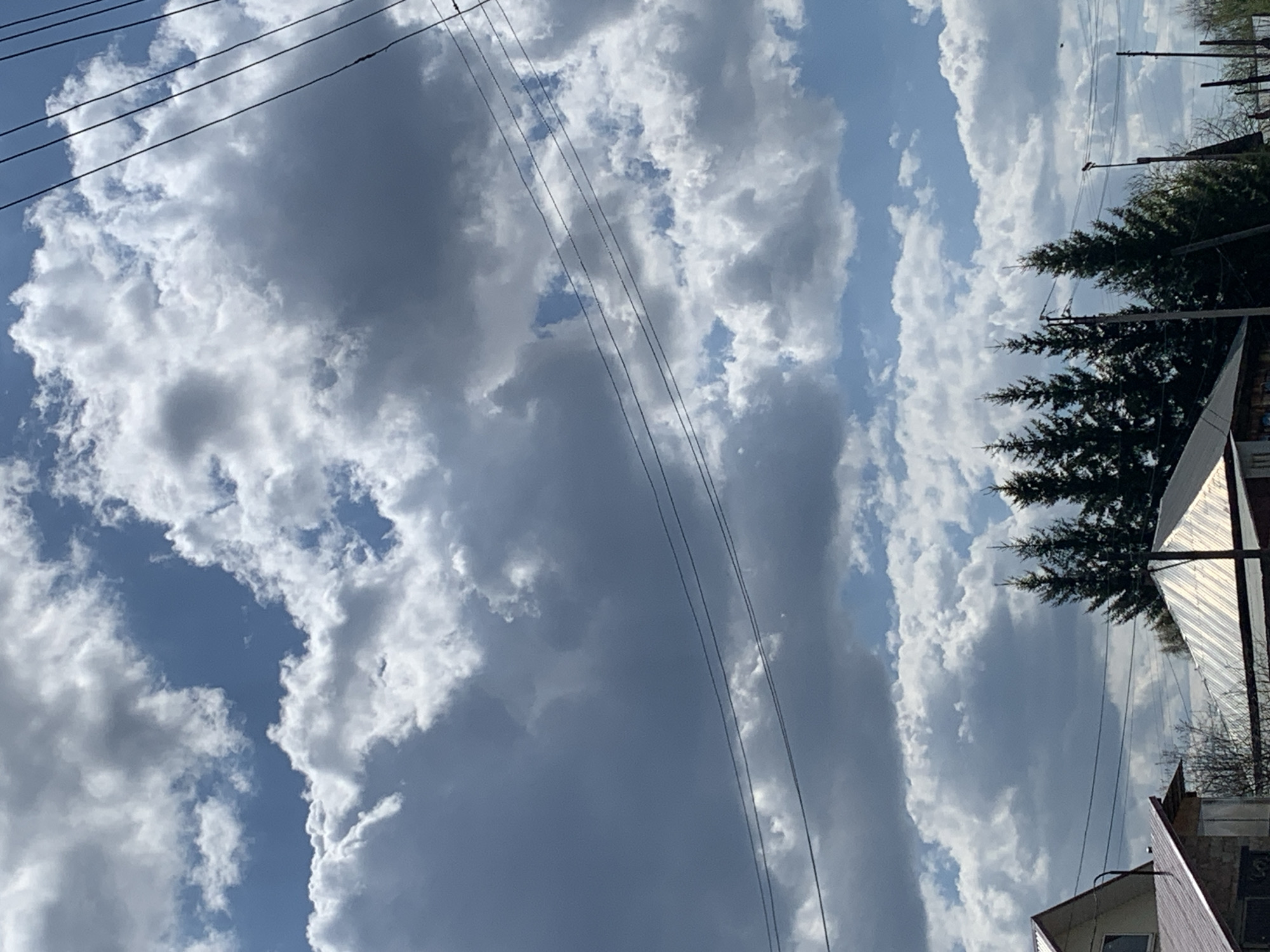 The image shows a view of the sky with a mixture of white cumulus clouds and darker gray clouds. There are power lines extending across the sky. The view is partially obscured on the right side by trees and rooftops. The image was taken in Фоки, Russia.