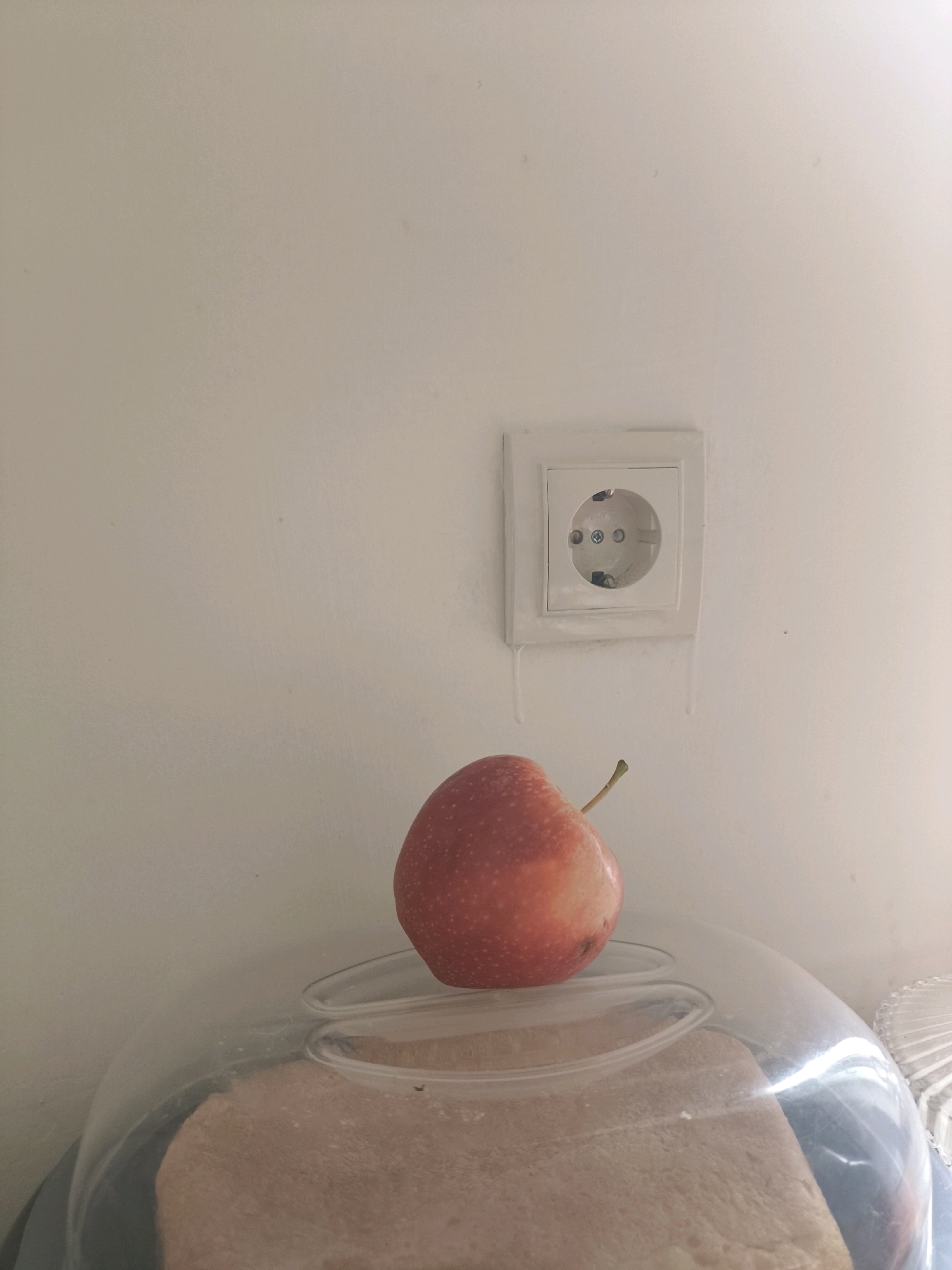 A red apple rests on top of a clear plastic dome, which covers a light brown, rectangular object. The apple has a thin stem and appears slightly bruised. In the background, a white wall features a single electrical outlet with a white frame. The outlet is a standard European type with two circular openings and a ground pin slot. Below the outlet, two thin, white lines are visible, appearing to be dripping from the outlet's frame. The scene is well-lit, suggesting an indoor setting. The image is cropped to focus on the apple and outlet, with the bottom portion showing the edge of the dome and the object beneath it. No geographical markers or context are provided to indicate a specific location in Grozny, Russia, or any other city.