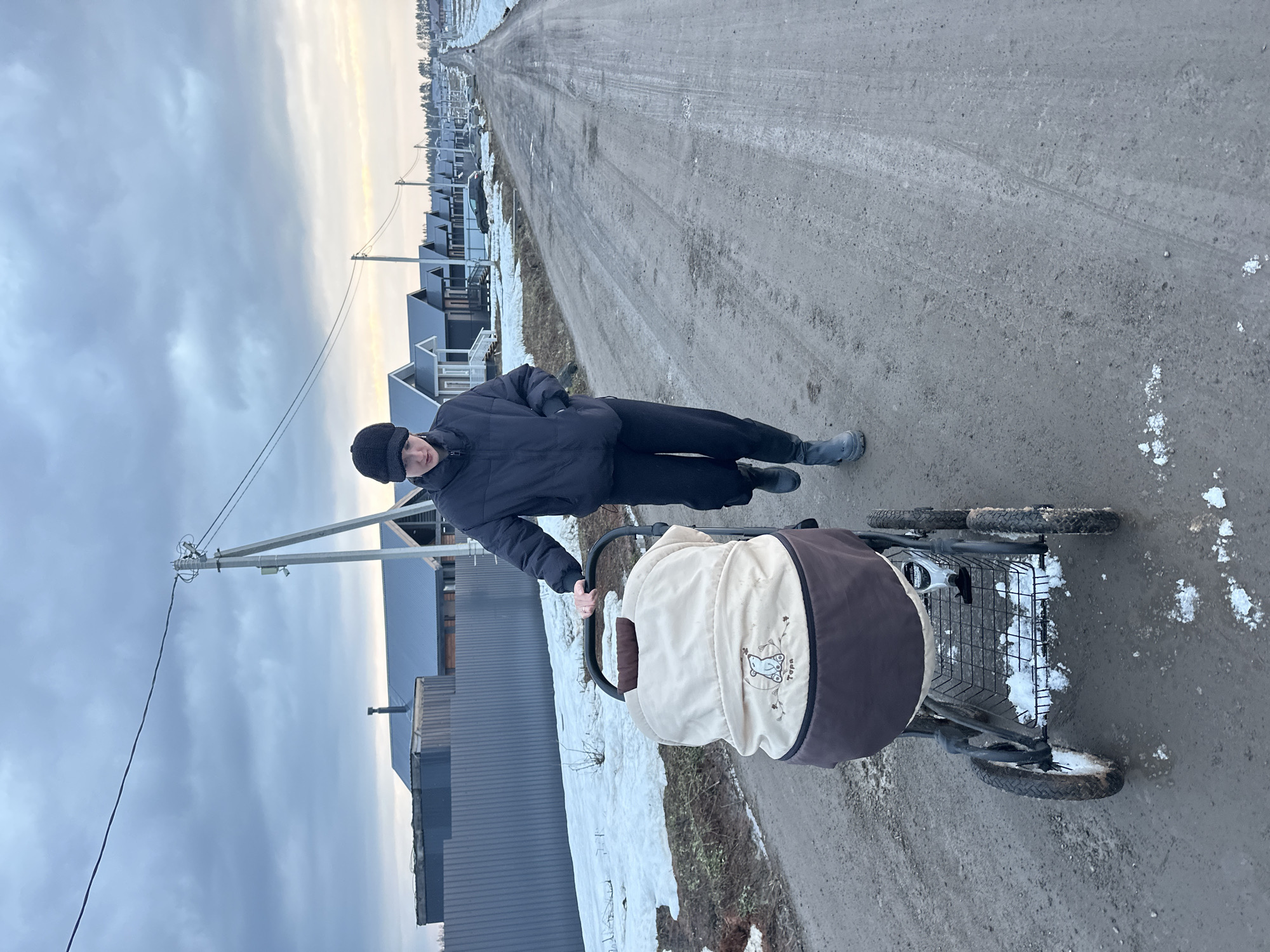 The image depicts an individual standing on a dirt road in Sepych, Russia, pushing a baby stroller. The stroller is positioned in front of the person. Snow is visible on the ground, along the road, and under the stroller. The individual is wearing a dark jacket, black pants, and a dark hat. A row of similar, dark-colored houses lines the left side of the road, receding into the distance. Utility poles with wires run along the left side of the road. The sky is overcast with heavy clouds.