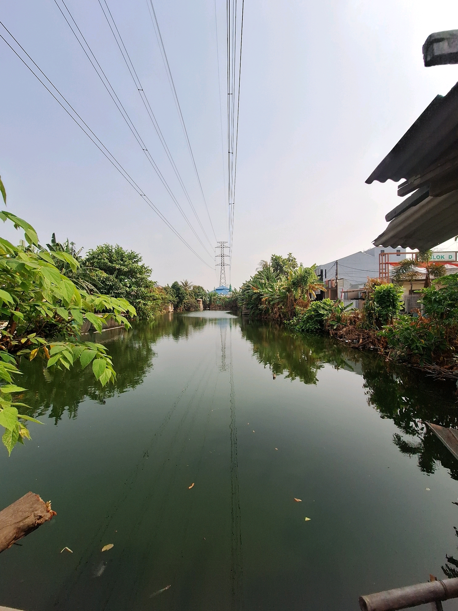 The image depicts a canal in Setiamulya, Indonesia, bordered by lush vegetation and buildings on either side. A large electrical pylon stands in the distance, with power lines stretching across the sky. The water in the canal is dark green and reflects the surrounding trees and sky. On the left side of the canal, green leaves from a bush are in the foreground. On the right side, the edge of a corrugated metal roof is visible, with a building behind it. The sky is a pale blue, suggesting daytime. There are no people visible in the image. The scene appears to be a typical urban waterway in Indonesia, with a mix of natural elements and man-made structures.