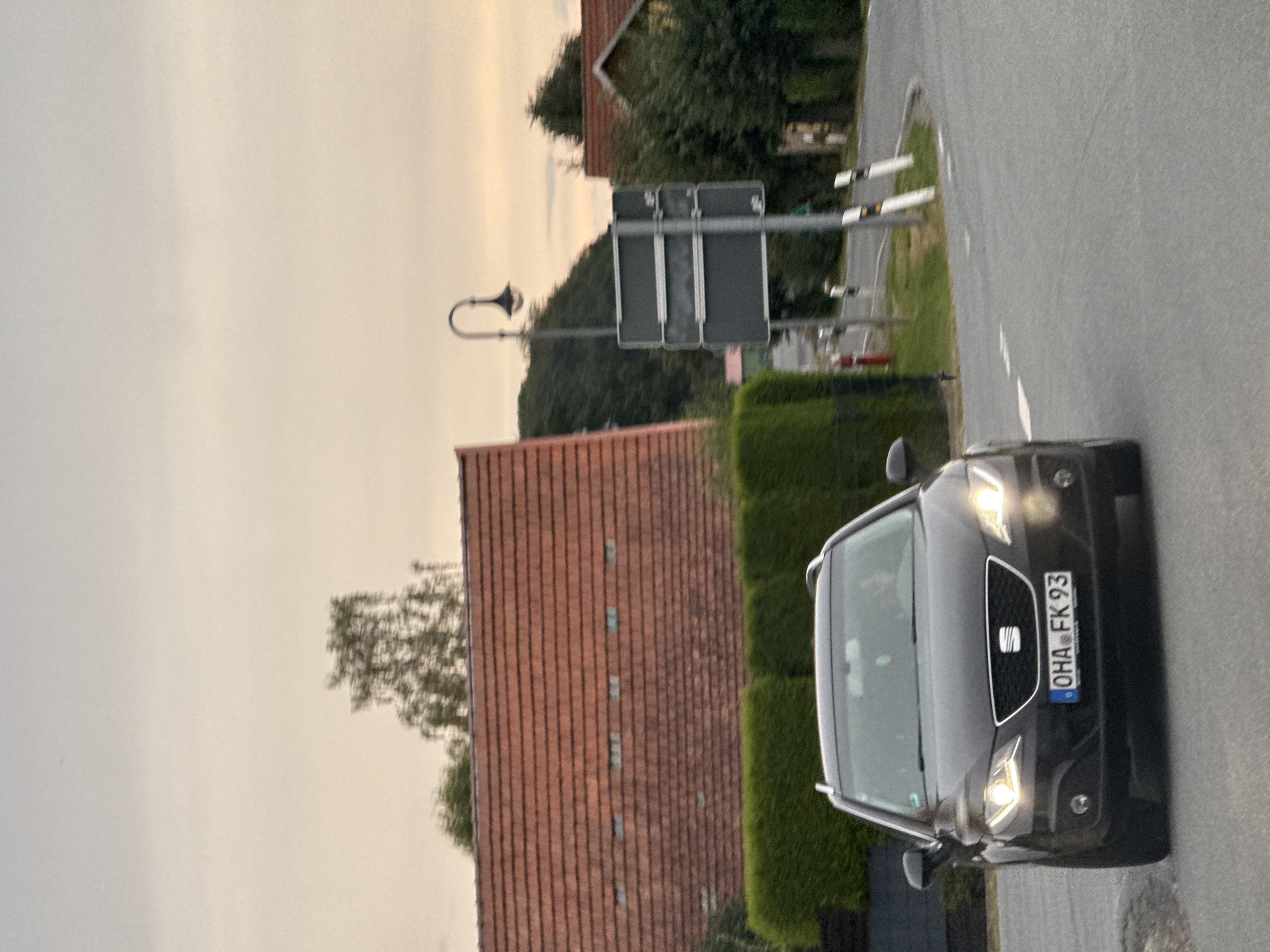 A dark-colored station wagon is captured from a low-angle, front-facing perspective on a paved road. The car's headlights are illuminated, and its license plate reads "OHA FK 93". The vehicle appears to be in motion, turning slightly to the right. The background features a large, reddish-brown tiled roof of a building, a manicured hedge line, and a backdrop of green trees and rolling hills under a pale, overcast sky. A street lamp with a curved arm and a cluster of dark rectangular signs are visible to the right of the car. The scene is consistent with a suburban or rural setting in Hohenstein, Germany.