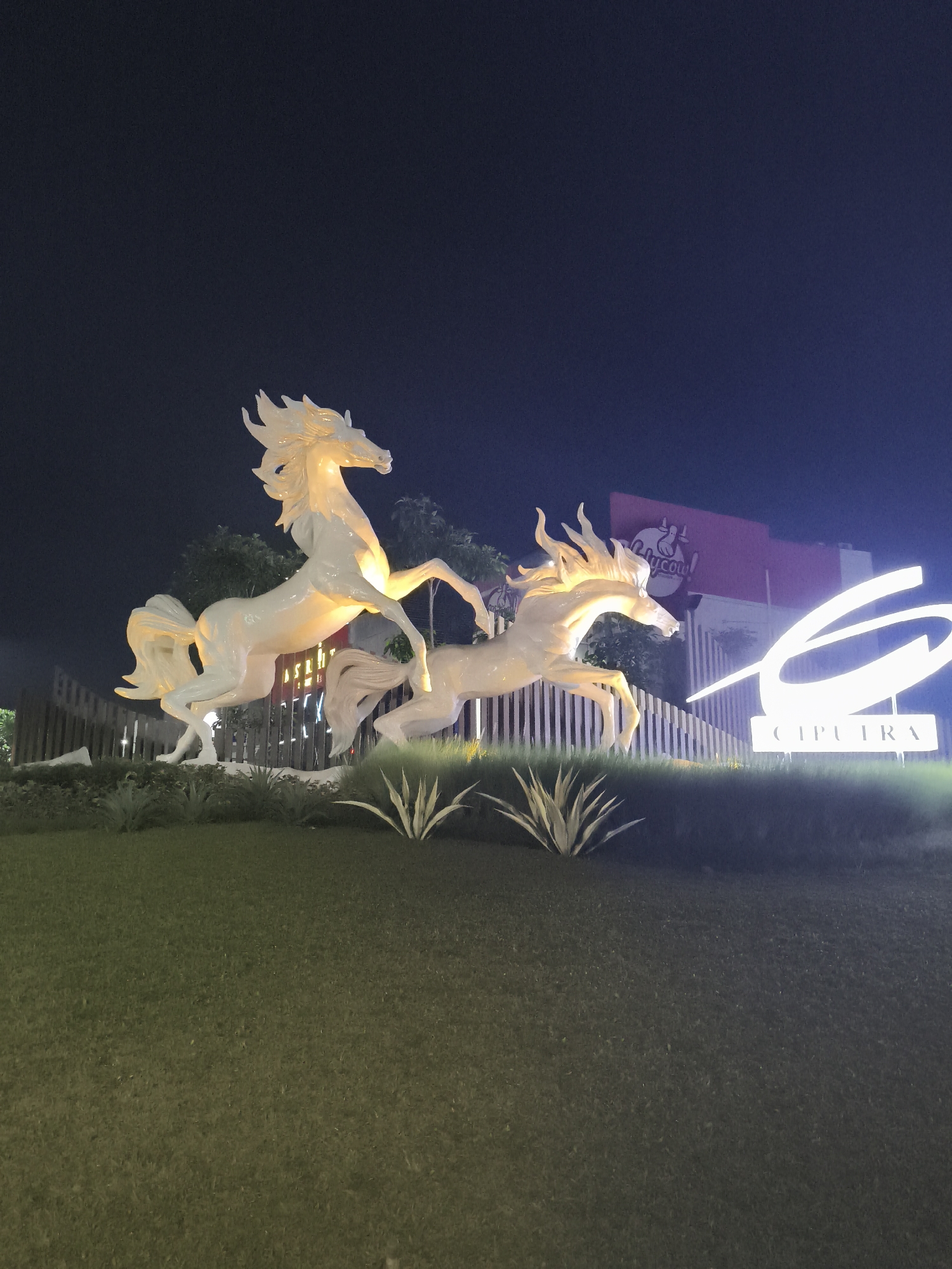 The image captures an outdoor nighttime scene in the city of Bekasi, Indonesia, featuring two illuminated horse sculptures. The sculptures are white and appear to be made of a translucent material, possibly fiberglass or plastic, with internal lighting that gives them a warm, golden glow. The horse on the left is in a dynamic pose, rearing up on its hind legs, while the horse on the right is in mid-stride, appearing to gallop.
Behind the sculptures, there is a low wooden fence and then lush green grass and some spiky plants in the foreground. In the background, a building with a large, illuminated "Ciputra" logo is visible. There is also a sign with a cartoon cow and the text "Bollycow!". The sky is dark, indicating it is nighttime. The overall scene suggests an artistic installation or monument in a public space, likely a park or a commercial development. No people are visible in the image. The lighting is dramatic, highlighting the sculptures and the signage against the dark backdrop.