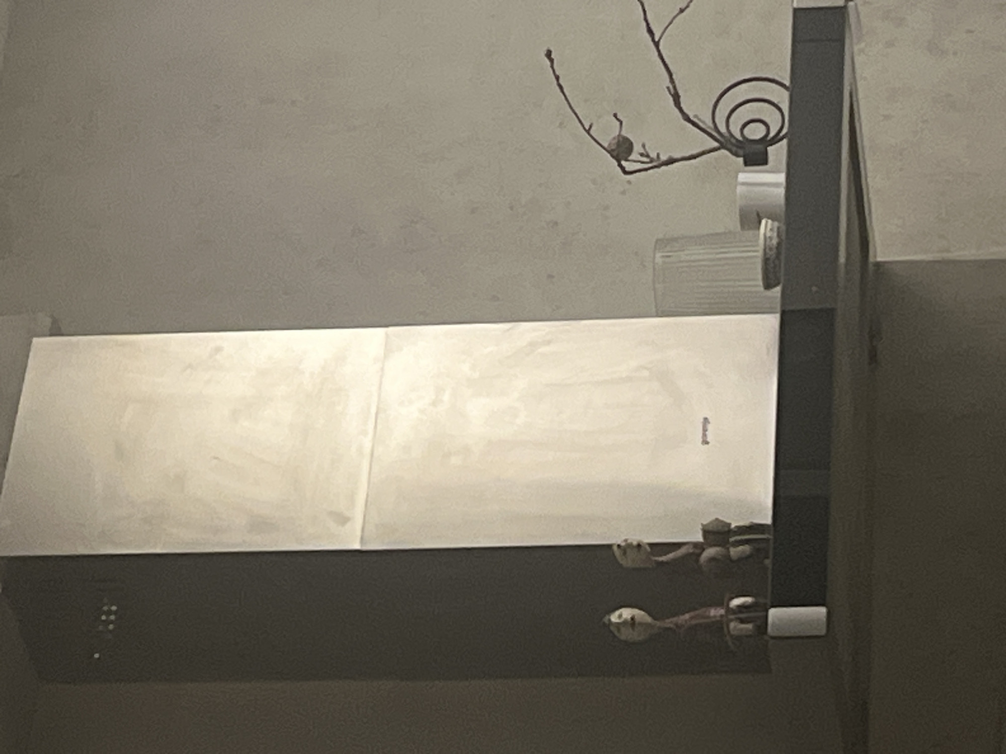 The photograph appears to be taken indoors, focusing on a kitchen environment. The primary object is a range hood, predominantly white or light-colored, positioned above what is likely a stovetop. A dark-colored section is visible beneath the hood, possibly the base or control panel. A decorative arrangement of dried branches and coiled metal art is present. Reflections are visible on the range hood. The walls are plain and light in color. The location is not evident from the image. No people or explicit actions are visible.