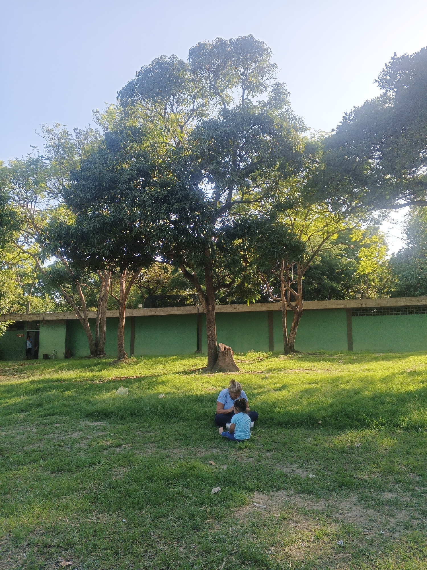 An adult and a child are sitting on a grassy lawn in front of a long, green wall with a concrete structure on top. Large trees with dense foliage are casting shadows across the grass. The sky is clear and blue, suggesting a sunny day. The scene appears to be in a park or a recreational area within the city of Caracas, Venezuela, as indicated by the lush vegetation and the style of the building. The adult, with blonde hair, is wearing a blue shirt and the child, facing away from the camera, is wearing a blue t-shirt and dark pants. They are positioned centrally in the frame, with the adult appearing to be interacting with the child. The overall impression is one of a peaceful outdoor setting.