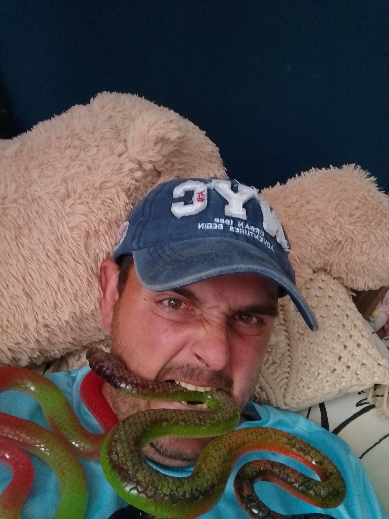 A man wearing a blue baseball cap with white lettering is lying down with his head tilted back. Two gummy worm candies, one predominantly red and the other green, are wrapped around his neck and chest. One gummy worm is positioned in his mouth, with the dark-colored head protruding to the left of his face and its body extending across his mouth. The man's facial expression is one of playful surprise or mock horror. He is wearing a light blue t-shirt. The background consists of soft, textured surfaces, possibly large stuffed animals or pillows, in light brown and cream colors. The overall setting appears to be indoors, possibly a bedroom or living room. There is no visible indication of the city of Wedel, Germany, in the image.