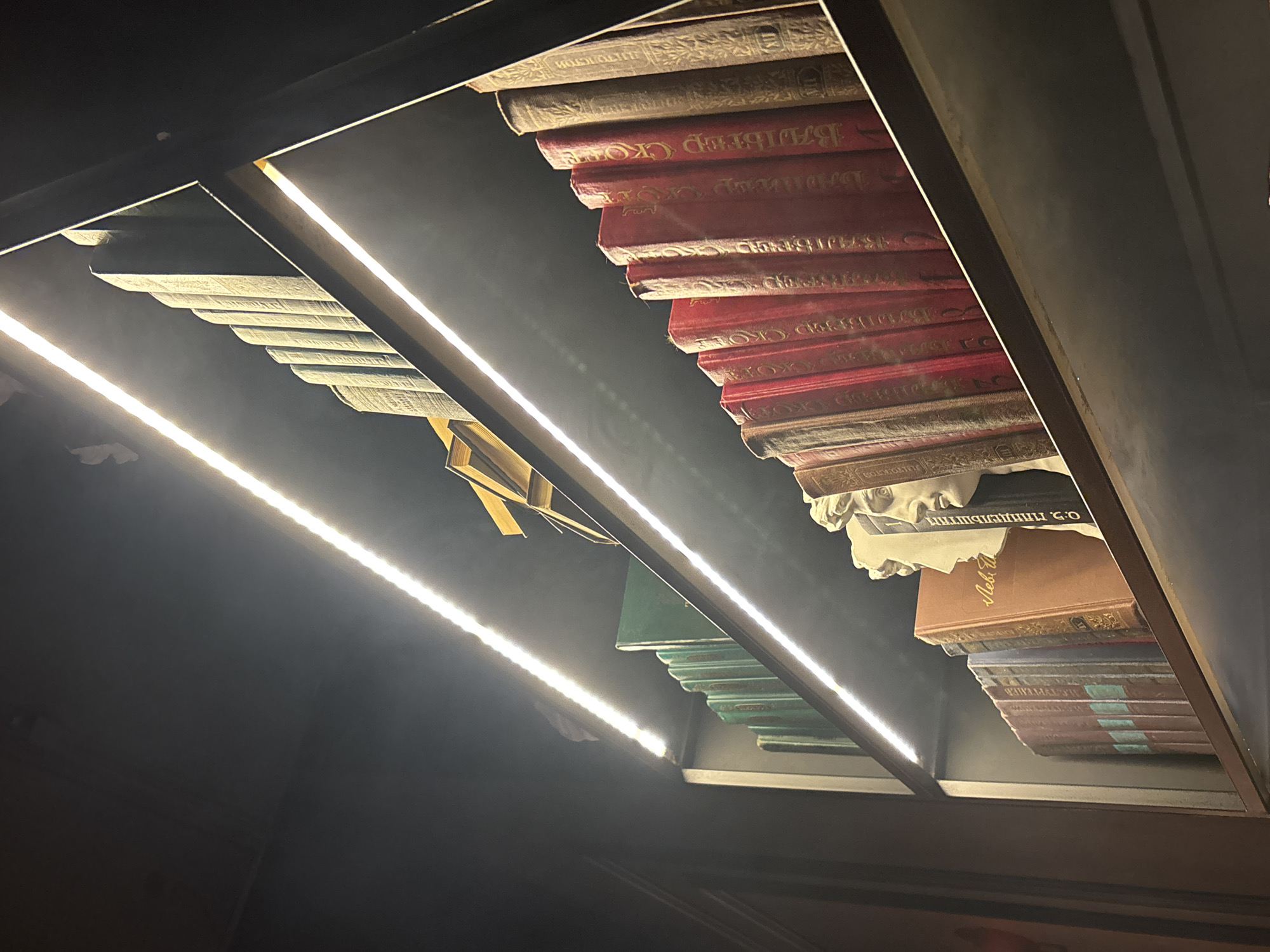 The image depicts a bookshelf filled with books, illuminated by a strip of LED lights running along the top edge of each shelf. The lighting creates a dramatic effect, casting shadows and highlighting the textures of the book spines. On the bottom shelf, two plaster busts, resembling classical sculptures, are placed amongst the books. The environment appears to be indoors, possibly a library, study, or a decorated interior space. The style of the books and busts suggests a classic or academic theme. Based on the visual cues, this scene could be located in Kazan, Russia.