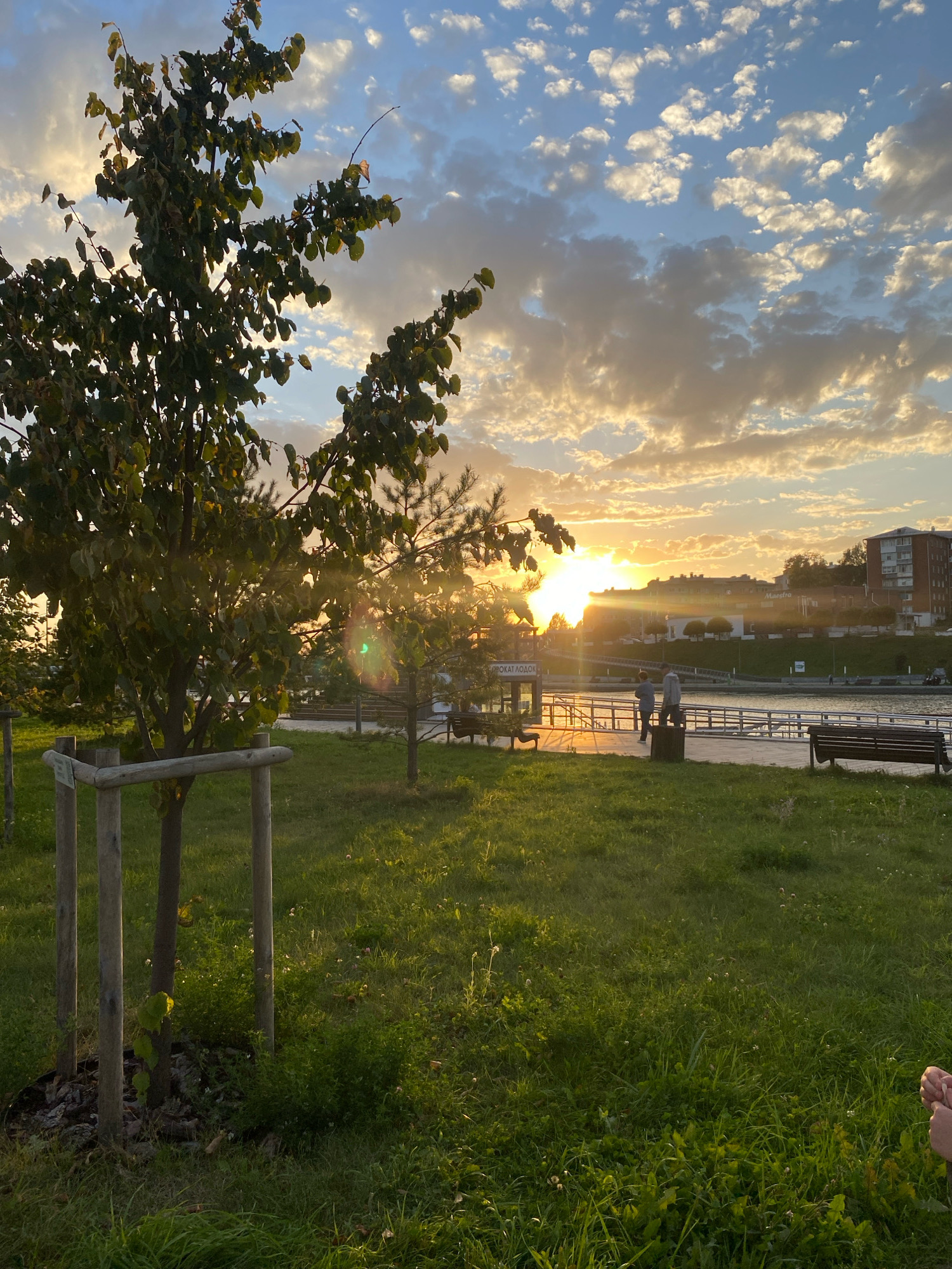 The image depicts a sunset over a waterfront promenade in Votkinsk, Russia. In the foreground, a grassy area is bordered by a tree with wooden supports. Beyond the grass, a wooden promenade runs alongside a body of water. Several benches are visible on the promenade, and two individuals stand near the water, looking towards the sunset. A building with multiple stories is situated on a hill overlooking the promenade and water. The sky is filled with a mix of clouds and the golden hues of the setting sun, casting a warm glow over the scene. Signs with Russian text are visible on structures along the promenade.