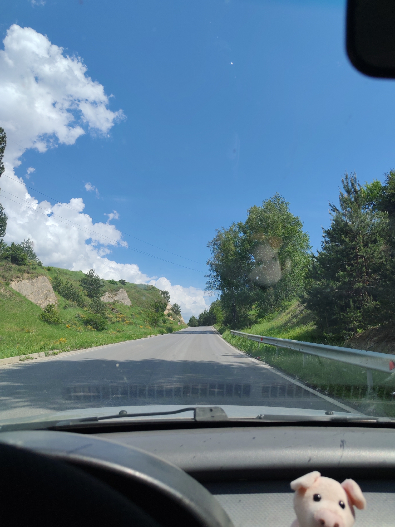 The image depicts a view from inside a vehicle, likely a car, driving on an asphalt road. The road is surrounded by green, grassy hills with trees and vegetation. A metal guardrail is visible on the right side of the road. The sky is blue with some white, puffy clouds. Part of the vehicle's dashboard and steering wheel are visible in the foreground, along with a small, plush pig figurine. The location is unknown.