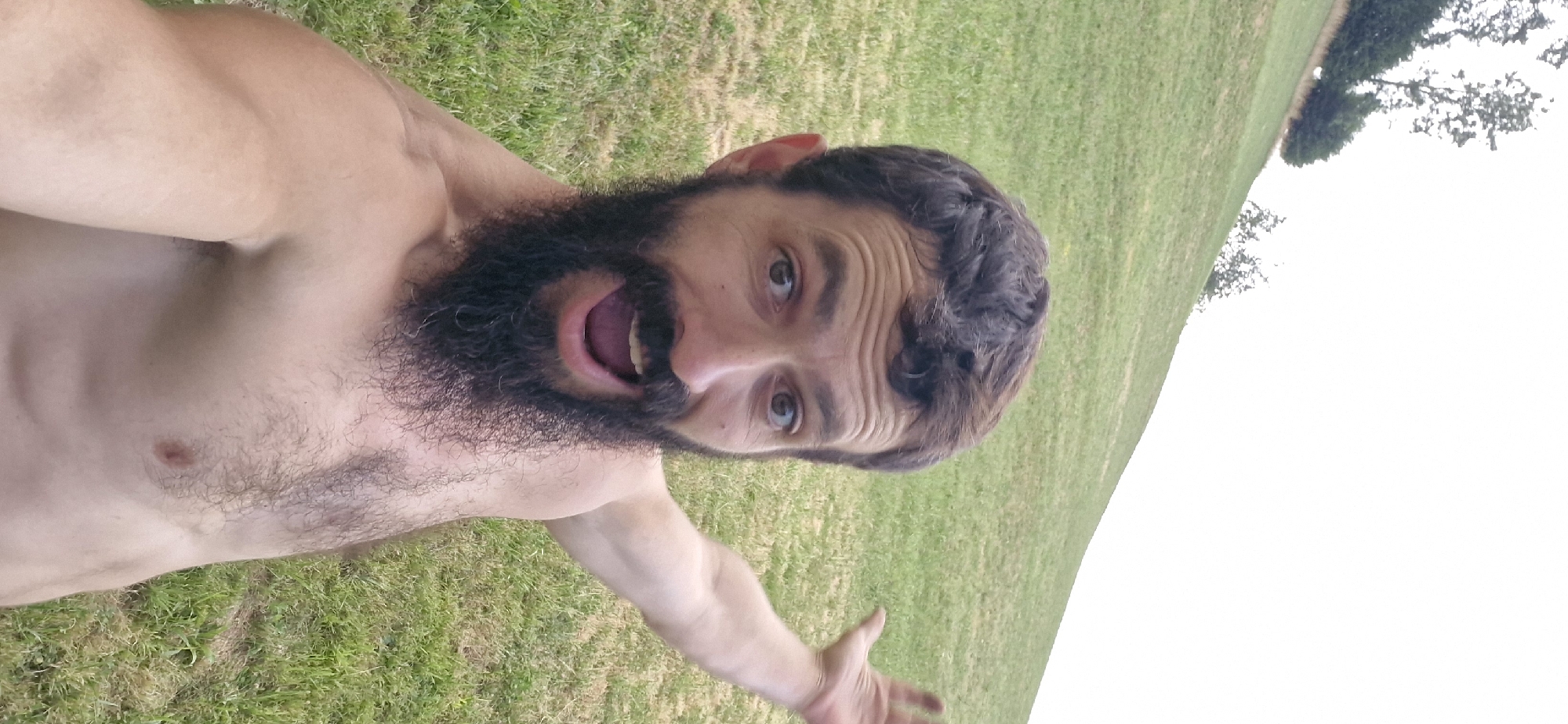 A shirtless man with a dark beard and brown hair is looking at the camera with his mouth open in surprise or excitement. His right arm is raised to the side, with his hand extended outward. He is standing on a grassy slope with trees in the background. The sky is overcast. The scene appears to be outdoors, likely in a park or a rural area.
The image is taken from a low angle, making the man appear larger than life. The lighting is diffused, suggesting it may be a cloudy day. The background is slightly out of focus, drawing attention to the man's face and expression.
Without additional information, it is not possible to determine the specific location within Wattenwil, Switzerland.