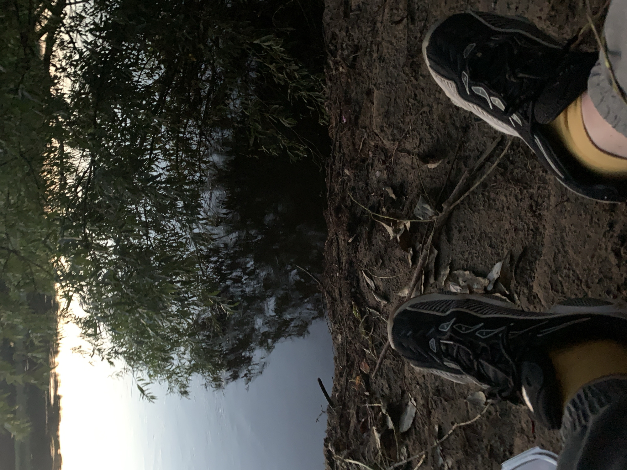 The image shows a pair of feet wearing athletic shoes and yellow socks, positioned on a dirt embankment. The embankment is covered with dry leaves and small branches. To the left of the embankment is a body of dark water, likely a river or lake, reflecting the sky and a large, leafy tree that overhangs the water. The scene appears to be outdoors at dusk, with soft, diffused light. The location is the bank of the Vyatka River in Kirov, Russia, as indicated by the presence of willow trees common to the region and the overall atmospheric conditions typical of the area.