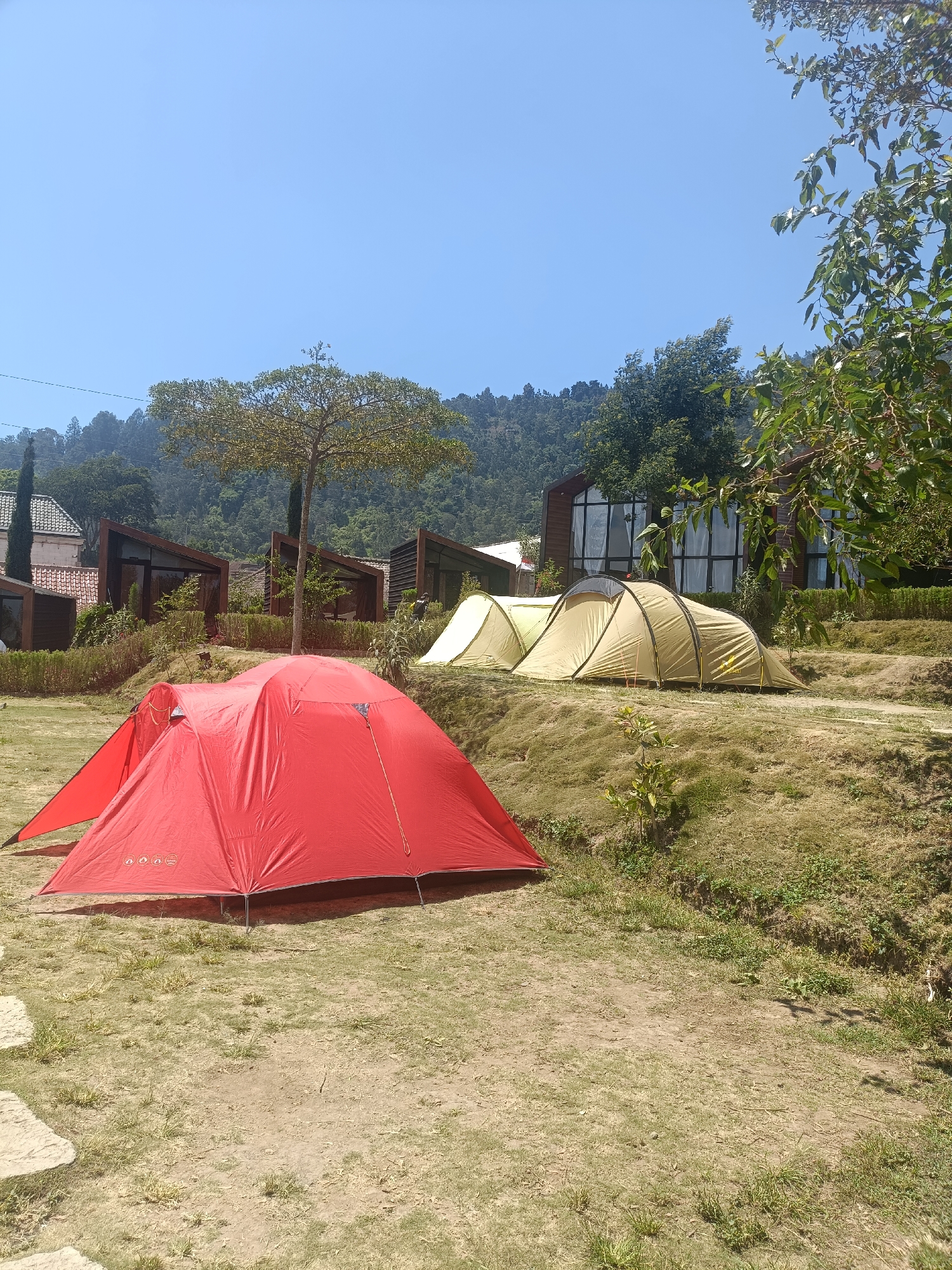 This is a landscape photograph taken at a campsite in Kopeng, Indonesia, on a clear, sunny day. The foreground features a bright red tent set up on a grassy area. To the right of the red tent, two light yellow tents are pitched on a slightly elevated, grassy slope. In the background, there are several modern-looking cabins with large windows and angled roofs, surrounded by trimmed hedges and greenery. A tall tree stands behind the red tent, and further in the distance, a lush, tree-covered hillside rises under a bright blue sky. The overall scene depicts a tranquil outdoor setting, likely a resort or glamping site, with accommodation options including tents and cabins.