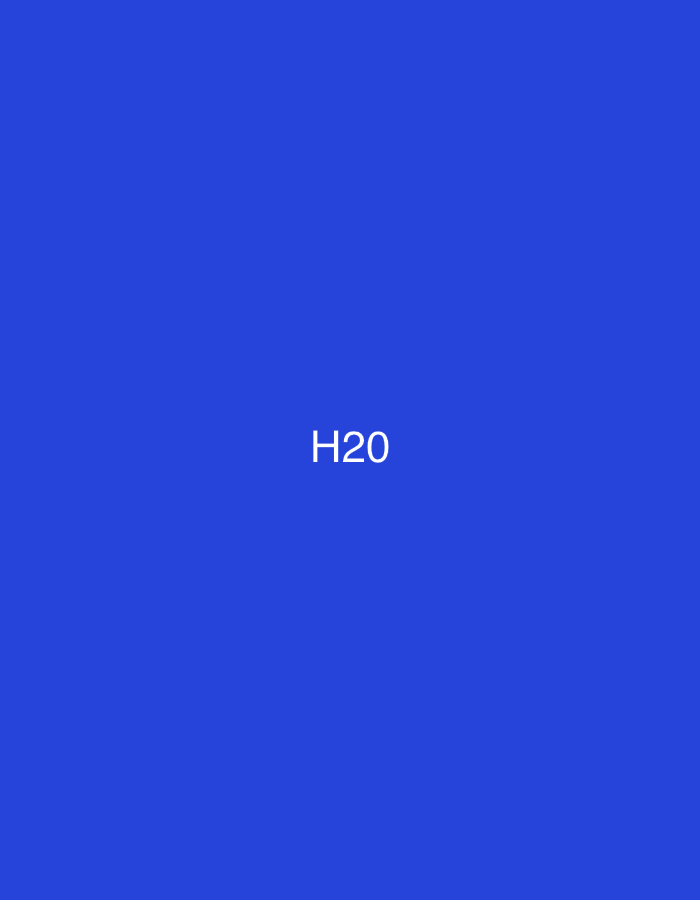 The image displays a solid, uniform blue background. The only discernible feature is the text "H20" centrally positioned, rendered in white, sans-serif font. There are no people, objects, or a specific scene or setting depicted beyond the monochromatic blue field and the text. No activity or event is taking place. There are no notable details regarding time of day, weather, or specific location cues. The image is abstract and minimalist, focusing solely on the color and the chemical formula for water.
