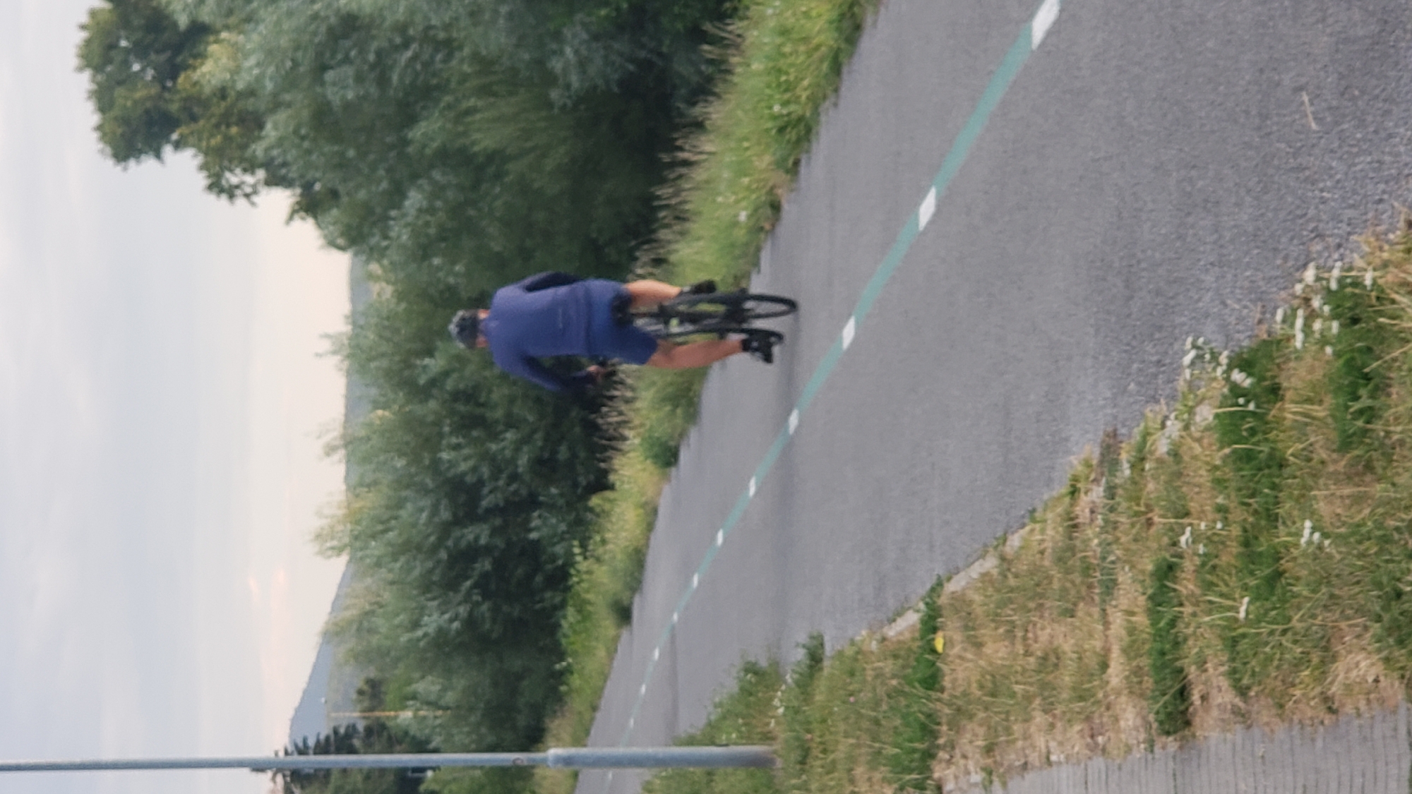 A person is cycling on a paved bike path. The person is wearing a dark blue long-sleeved shirt and dark blue shorts, and a dark helmet. The bike is black. The bike path has a green line and white dashed markers on the right side. The path is flanked by grass and weeds, with a paved walkway on the left. In the background, there are trees and a hill with some vegetation. The sky is overcast. The image appears to have been taken in the city of Prešov, Slovakia, specifically on a bike path near the city's outskirts, possibly in the direction of the Sigorda forest park area.