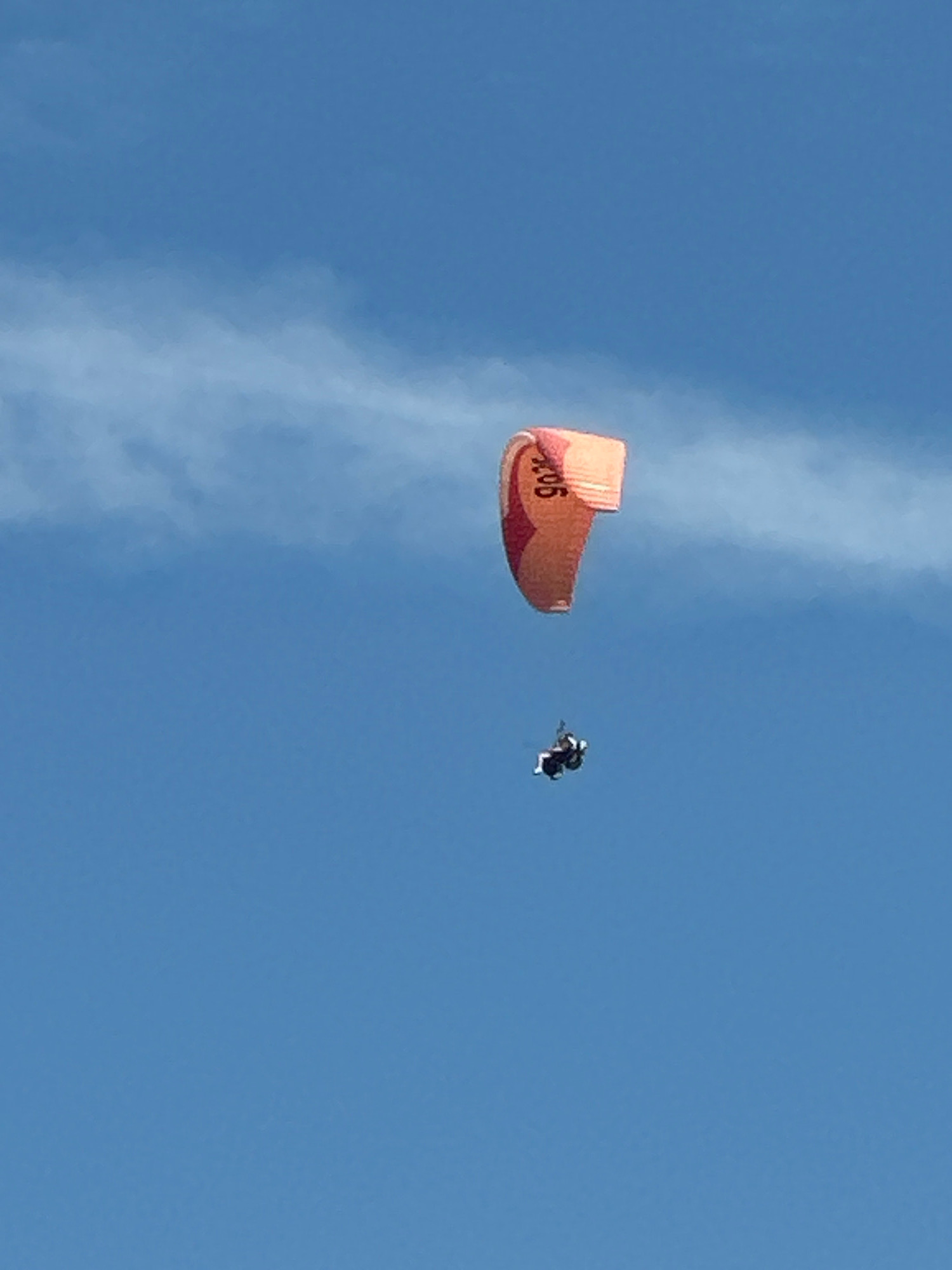 A paraglider is captured mid-flight against a clear blue sky. The paraglider, which appears to be orange and red with a white stripe, has the number "905" visible on its surface. Below the paraglider, a person in a harness is suspended, actively engaged in the sport. The scene takes place in Boreti, Montenegro, with a faint wispy cloud formation stretching horizontally across the upper portion of the image.
