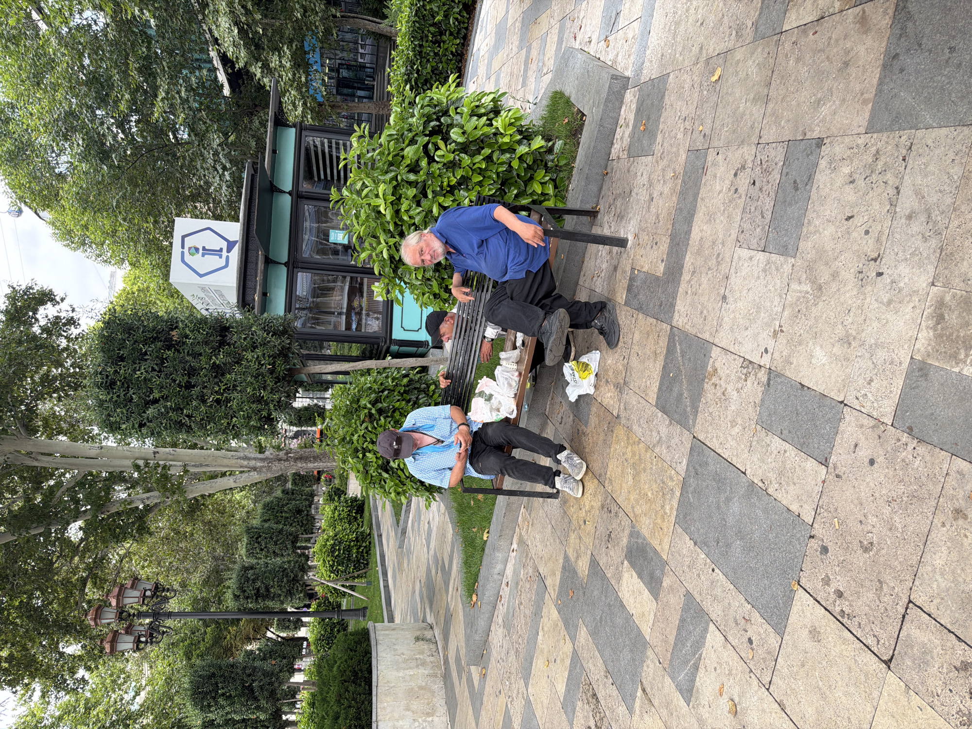 In a paved outdoor area, possibly a park or plaza in Tbilisi, Georgia, two men are seated on a dark metal bench. The man on the left, wearing a blue checkered shirt, dark pants, and a baseball cap, is looking down at his phone, which he holds in his hands. He has a light blue cloth draped around his neck. Beside him on the bench are several plastic bags filled with what appears to be food or trash. The man on the right, an older man with white hair, is wearing a blue polo shirt and dark pants. He is looking towards the camera with his left arm resting on the back of the bench. His legs are crossed, and his shoes are visible. Behind the bench, a dense green bush provides a backdrop. Further back, a kiosk with a distinctive hexagonal logo is visible amongst lush trees. The ground is paved with rectangular stones of varying colors, including beige, yellow, and grey, arranged in a geometric pattern. A decorative lamppost with multiple lights stands to the left of the frame, and other greenery and trees are scattered throughout the scene.