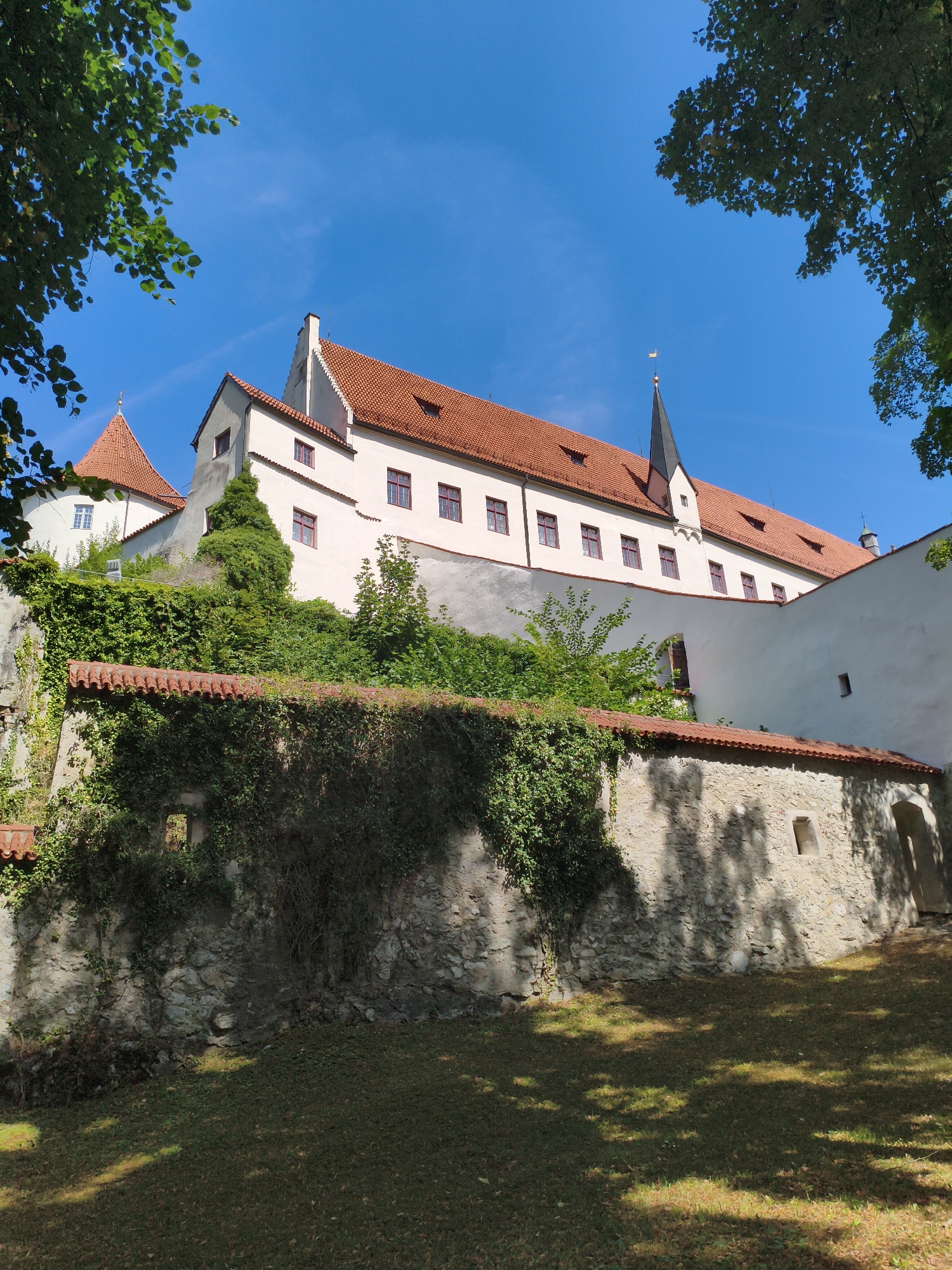 An exterior, low-angle, vertical shot shows the stone walls and white-walled buildings of the Hohes Schloss Füssen, a former residential castle of the Prince-Bishops of Augsburg, located in Füssen, Germany. The buildings are topped with red tile roofs, and a pointed dark spire with a weather vane is visible. Green ivy covers the stone walls in the foreground, and trees with green leaves frame the top corners of the image. The sky is clear blue with some wispy clouds. The ground in the foreground is covered in grass with dappled sunlight and shadows.