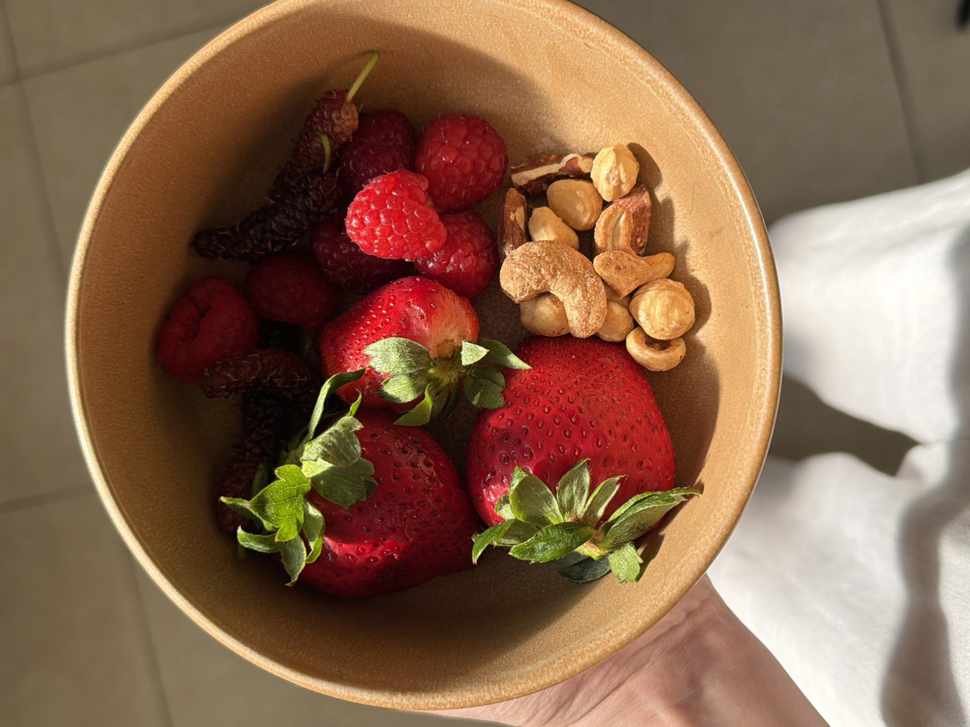 A top-down shot captures a hand holding a light brown ceramic bowl filled with an assortment of fresh fruits and nuts. The hand is visible in the bottom right corner, supporting the bowl.
Inside the bowl, vibrant red strawberries with green leafy caps are prominent in the foreground and bottom-middle. Above them, a cluster of bright red raspberries can be seen, some individually distinct. To the left, darker, elongated mulberries are visible, some appearing dried or very ripe, mixed with more raspberries.
On the right side of the bowl, a mix of nuts is present, including curved, light brown cashews, and rounder, pale hazelnuts. There are also a few pieces of what appear to be pecans or similar nuts with reddish-brown skins.
Strong, natural sunlight illuminates the contents of the bowl from the upper left, casting distinct shadows within the bowl and across the hand. This strong, directional lighting suggests a bright time of day, likely morning or afternoon. The background outside the bowl is out of focus, revealing light-colored surfaces and soft, elongated shadows on what appears to be white fabric or bedding, possibly near a window. No specific location cues are visible within the image to confirm the provided context of Tel-Aviv, Israel. There is no visible text in the image. The scene depicts a healthy snack being held.