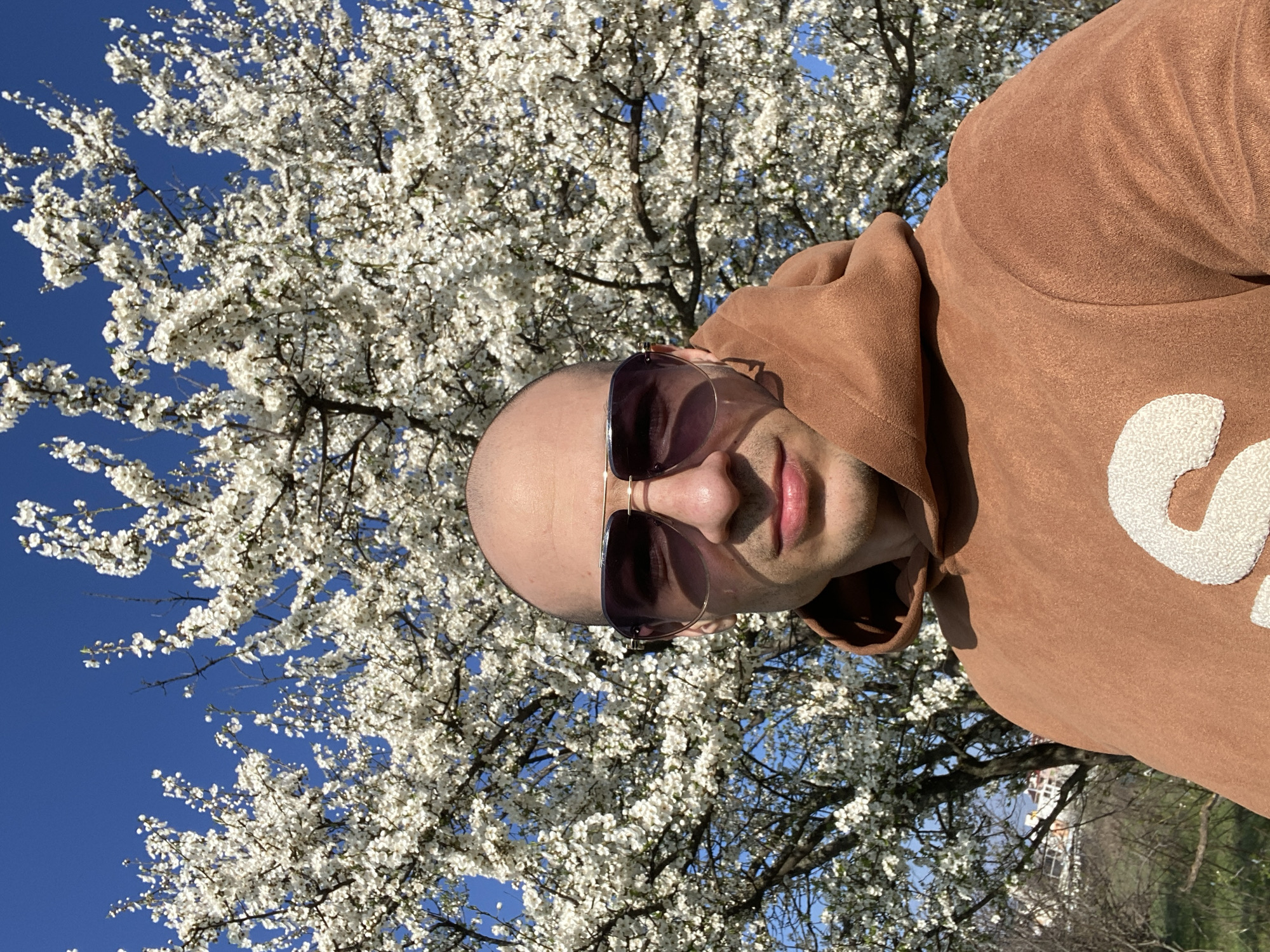 A bald man wearing sunglasses and a brown hoodie stands in front of a flowering tree under a clear blue sky. The tree is covered in small white blossoms. In the background, out of focus, is what appears to be a park or grassy area with some buildings. While it is possible the image was taken in Pleven, Bulgaria, there is no readily apparent information in the image to definitively confirm the location.