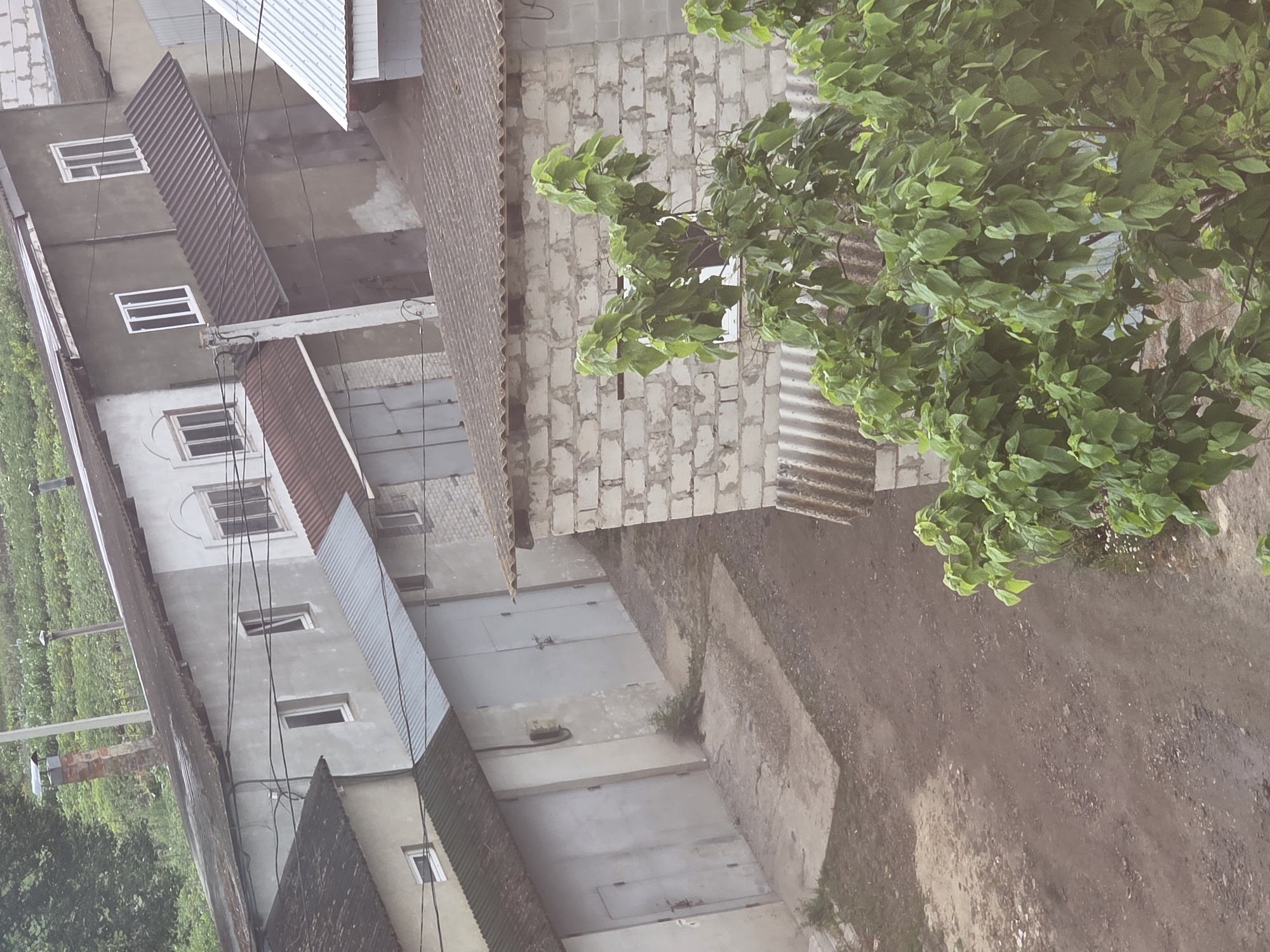 The image depicts a street scene in the city of Dubno, Ukraine, characterized by a row of multi-story residential buildings and garages. The architecture suggests a post-Soviet era style, with a mix of plaster-finished facades and exposed brickwork. Many of the buildings feature corrugated metal roofs, a common material in the region. Several garages with large, sliding doors are visible, indicating a residential area with private vehicle storage. The street surface appears to be unpaved, consisting of dirt and gravel. Lush green foliage from trees and plants encroaches upon the scene, particularly in the foreground, suggesting a somewhat overgrown or rural edge to the urban setting. The overall atmosphere is one of everyday life in a modest urban environment. There are no people or vehicles visible in the image.
