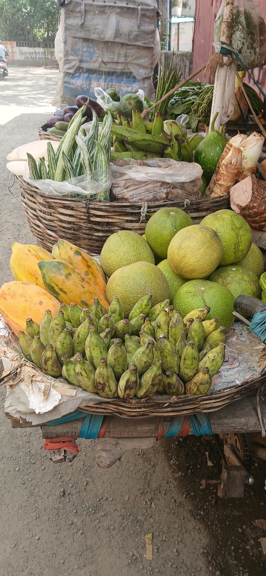 A street vendor displays a variety of fresh produce at a market in Rajpur Sonarpur, India. The foreground features a large woven basket overflowing with small, green bananas, interspersed with sliced yellow and orange papayas. Behind this, a larger woven basket holds a bundle of long, thin, green vegetables, likely snake gourds, along with some green bananas. Further back, a pile of large, round, light green fruits, possibly grapefruits or pomelos, are visible. In the background, a large white tarp covers stacked items, and a glimpse of a red building and trees suggests an urban or semi-urban setting. The ground appears to be a mixture of dirt and small stones, typical of a street market. A motorcycle is partially visible on the left side of the image, indicating activity in the vicinity. The overall scene depicts a typical roadside produce stall in India.