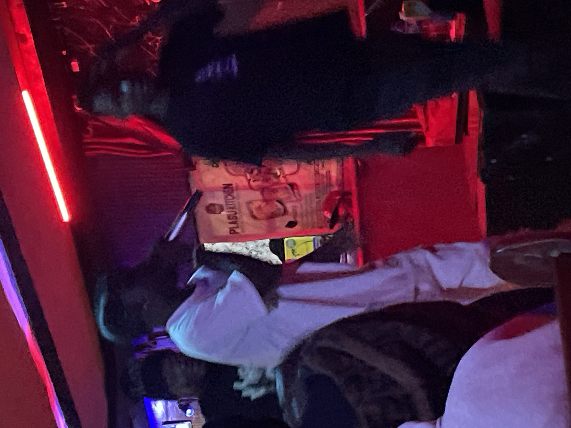 A group of individuals are gathered in what appears to be a performance space or club in Durumi, Nigeria. The scene is illuminated by vibrant red and purple lighting, with neon lights visible along the ceiling. In the foreground, a person wearing a white outfit and a hat is holding a microphone, seemingly in the process of performing or speaking. To their right, another individual in a dark shirt stands with their hand near their face. In the background, additional figures are visible, some partially obscured by shadow. A poster with text and images, including the words "PLASU KITCHEN," is displayed on the wall behind the performers. The environment suggests a lively and possibly crowded venue, with a stage-like area and various objects on a table.