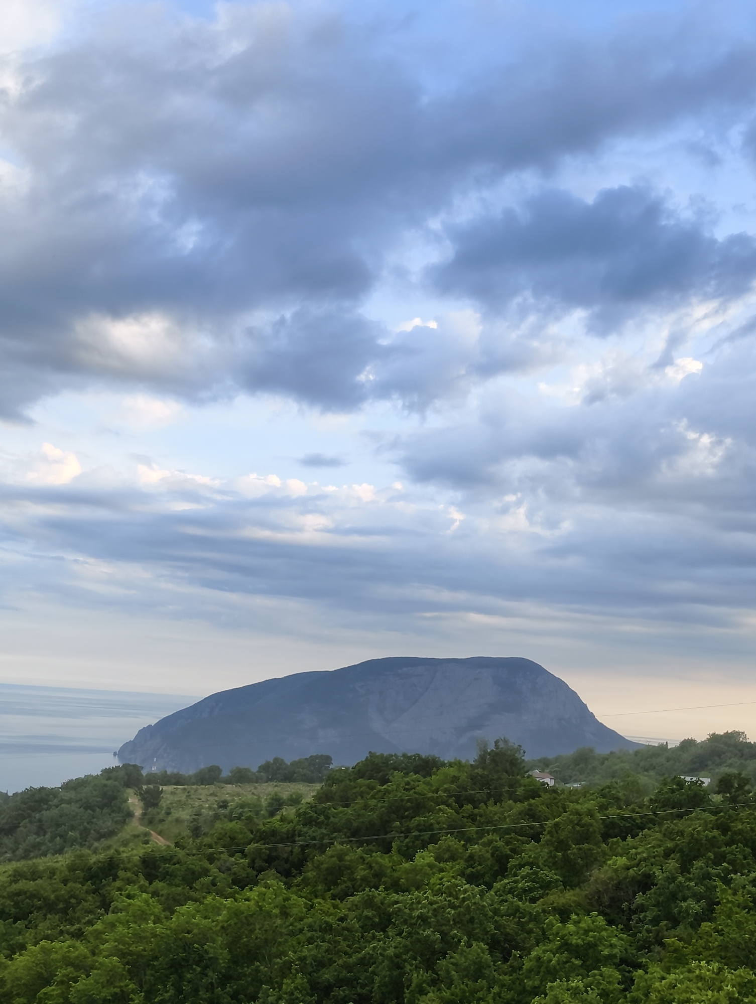 This image depicts a wide-angle landscape scene located in Kiparisnoe, Ukraine. The upper half of the frame is dominated by a sky filled with multiple layers of grey and white clouds, interspersed with areas of lighter blue sky, suggesting a partially overcast condition.
In the mid-ground, a large, dark-hued mountain or promontory occupies a central position, exhibiting a broad, somewhat rounded profile. This geological feature extends towards the left, where its base meets a calm body of water, consistent with a sea or large lake. The water's surface appears relatively smooth, reflecting the soft, diffused light from above.
The foreground is densely covered with an expanse of vibrant green deciduous trees and shrubs. A narrow, unpaved path or track is visible curving through an area of lighter vegetation in the mid-foreground, leading towards the water and the base of the mountain on the left. Scattered amongst the trees in the mid-distance, particularly on the right side, are a few residential structures, characterized by lighter-colored walls and roofs. Multiple dark, thin horizontal lines, consistent with utility or power lines, traverse across the middle ground, positioned above the tree canopy and in front of the distant structures. No individuals or animate subjects are visible within the frame. The overall lighting is soft and even, suggesting either an early morning or late afternoon temporal context.