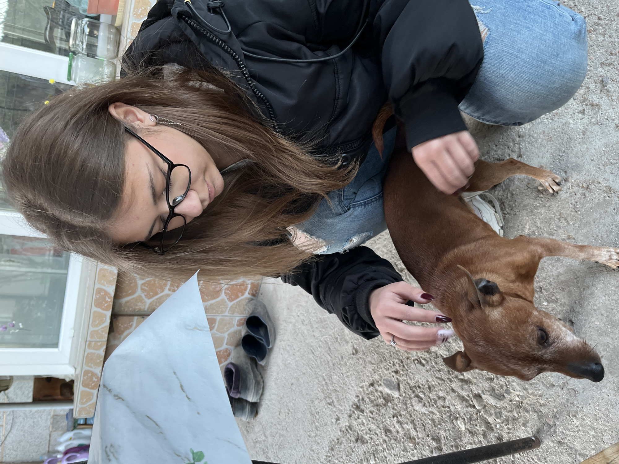 A woman with long brown hair and glasses wearing a black jacket and ripped blue jeans is kneeling on a concrete surface, petting a brown dog. The dog is standing and facing away from the woman. Next to the woman is a white object with a marble pattern, and a pair of gray shoes. The background includes tiled walls and what appears to be a building. The location is Karavelovo, Bulgaria.