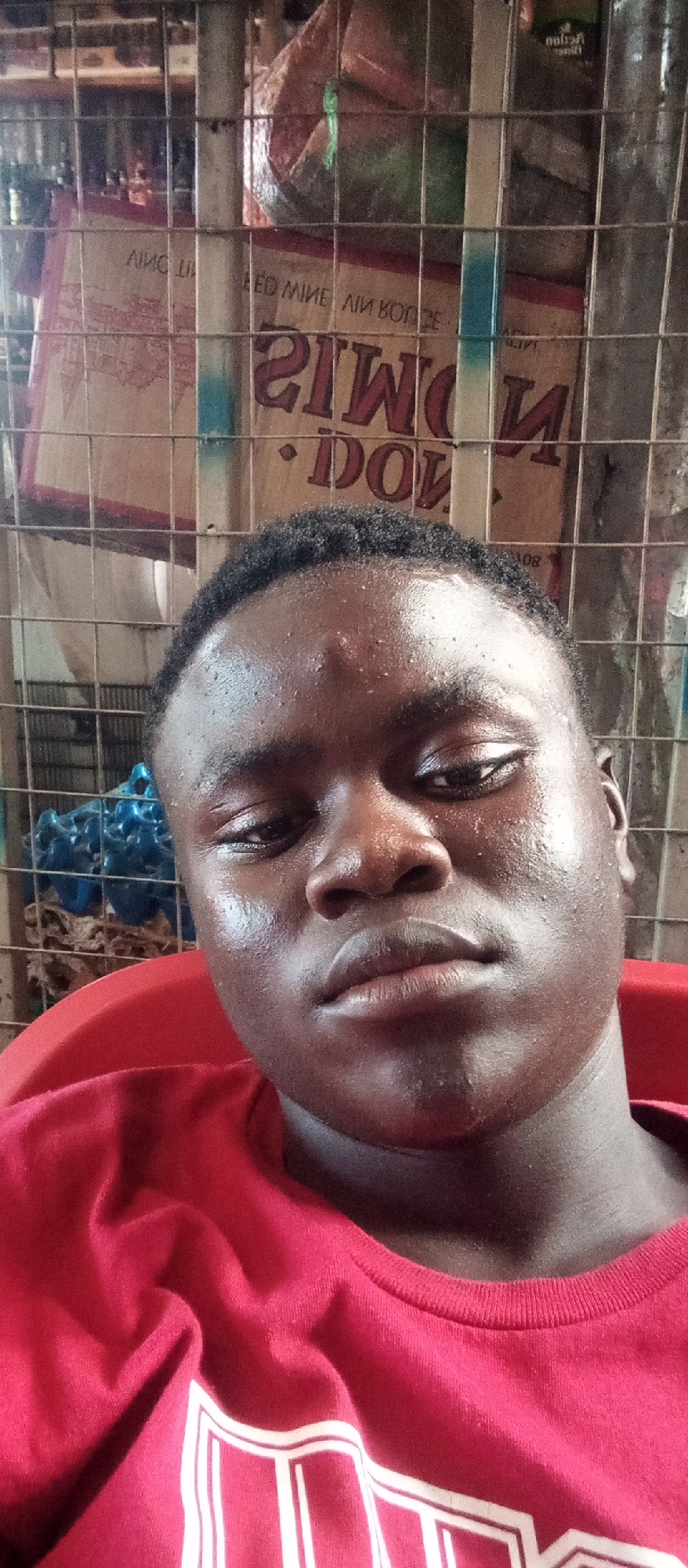 This media file is a close-up, vertical, selfie-style photograph of a young Black male. He is wearing a red t-shirt, the fabric of which is creased and shows some white lettering or design elements that are mostly obscured. The subject's skin is visibly shiny, suggesting perspiration, and he has short, dark, curly hair. He is looking slightly downwards and to his left, with a neutral or contemplative expression.
The background is somewhat out of focus and consists of a metal grate, behind which are various objects. These include what appear to be bags or sacks, one of which has text that is partially visible and appears to be in a language other than English, possibly with some English words mixed in. Some of the visible text includes "RED MINE" and "DOW," and what looks like reversed English text. There are also some blue, possibly plastic, items and other indistinct objects in the background. A metal pole, painted with a vertical blue stripe, runs through the middle of the background. The lighting appears to be natural, possibly daylight, given the shine on the subject's skin and the general brightness.
The setting seems to be an outdoor or semi-outdoor area, possibly a market or storage space, with the metal grate suggesting some form of enclosure or display. The presence of bags and the general ambiance point towards a commercial or utilitarian environment. The image captures a moment of repose or pause for the subject. Given the context of Jalingo, Nigeria, the warm, humid climate might explain the perspiration.