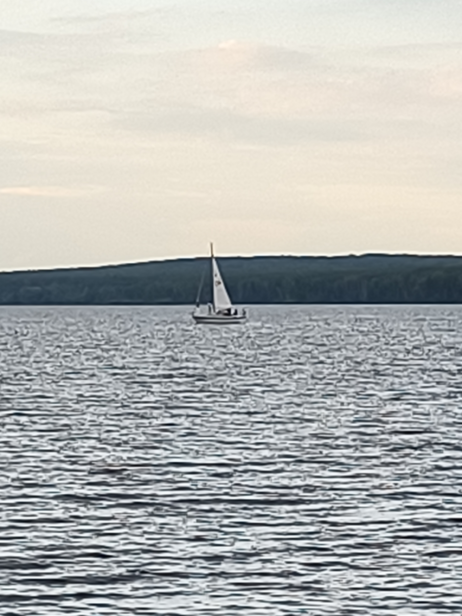A single white sailboat with a dark hull is sailing on a calm body of water. The boat is centrally located in the frame. The water has a rippled texture, suggesting a light breeze. In the background, a dark, tree-covered shoreline forms a horizontal line across the image. The sky above is overcast with a pale, diffused light. The scene is likely a natural setting, possibly a lake or a large river, such as the Kama River in Chaikovsky, Russia, a city known for its proximity to this waterway.