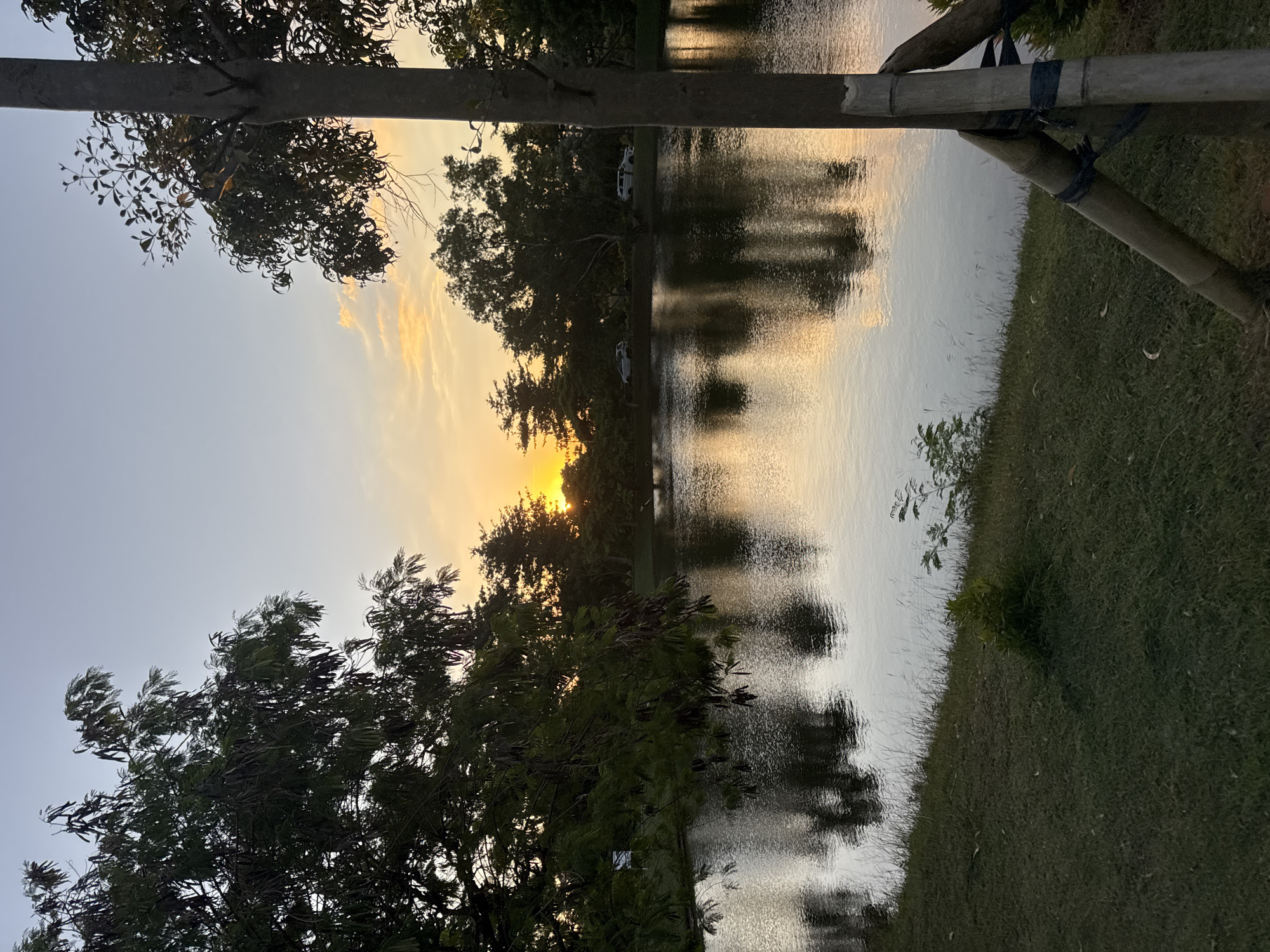 The image shows a sunset over a body of water, likely a lake or pond, in Pecatu, Indonesia. Trees are silhouetted against the golden sky, with their reflections visible in the water. A wooden structure, possibly a fence or pier, is in the foreground. Two cars are visible between the trees on the water's edge. The ground is covered in green grass.